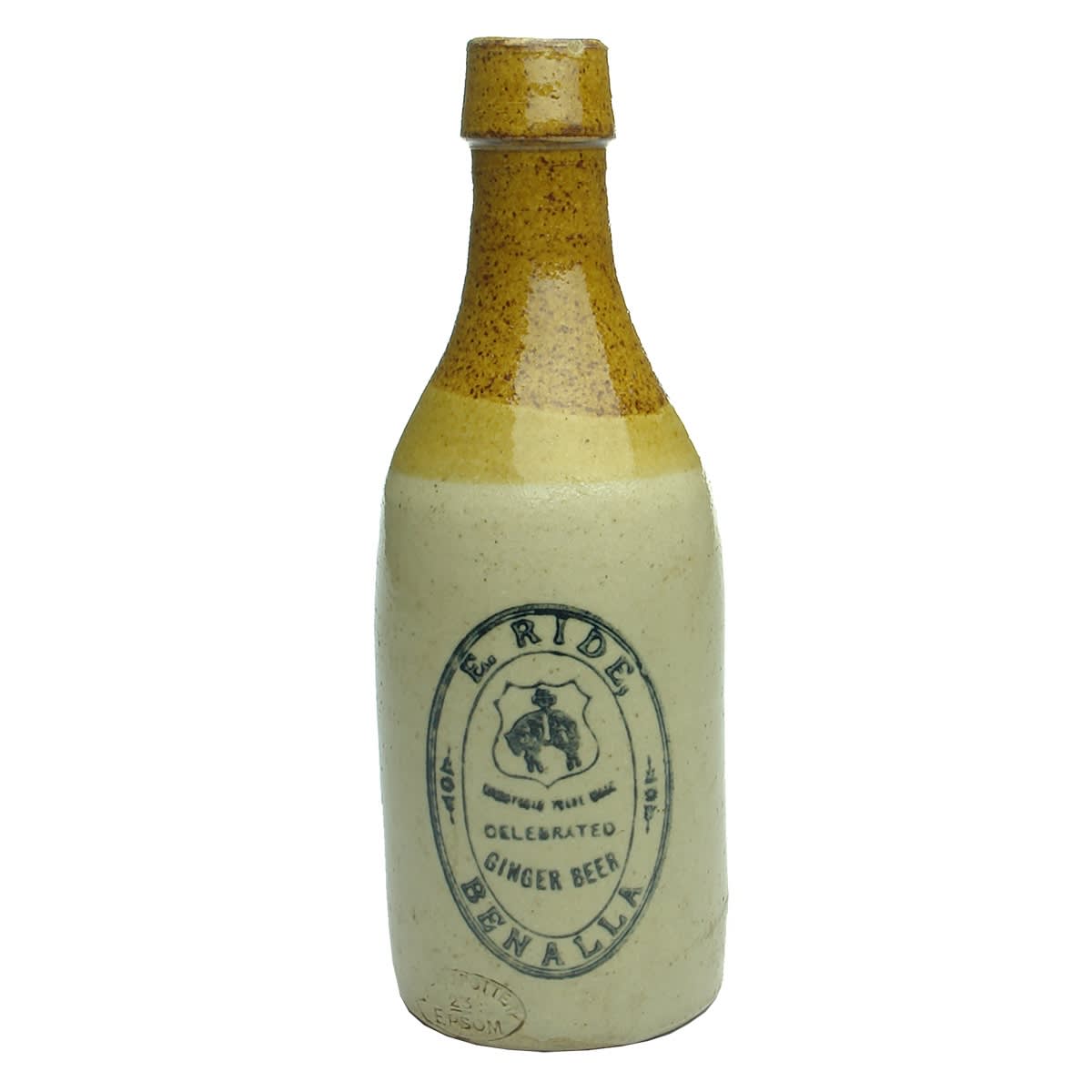 Ginger Beer. E. Ride, Benalla. Hanging Sheep or Golden Fleece. Tan Top with tri colour. 10 oz. (Victoria)