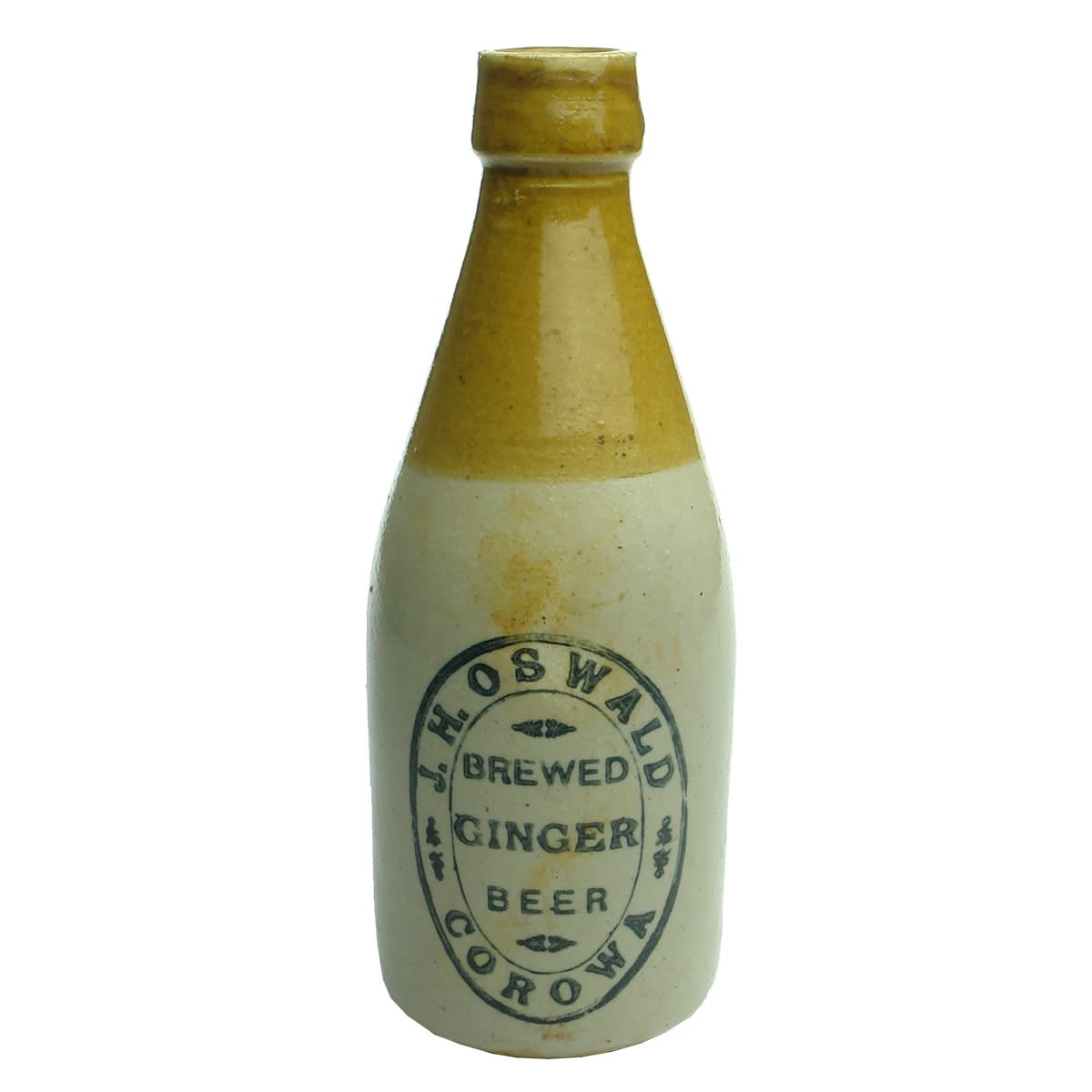 Ginger Beer. J. H. Oswald, Corowa. Champagne. Bendigo Pottery. Cork Top. (New South Wales)