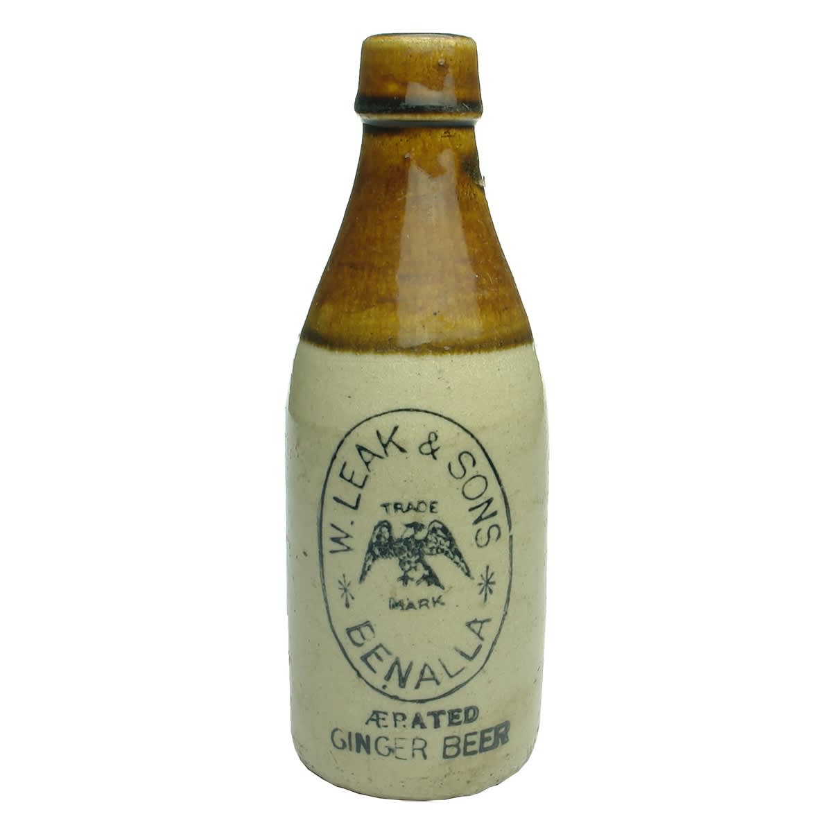 Ginger Beer. W. Leak & Sons, Benalla. Eagle. Aerated Ginger Beer. Tan Top. (Victoria)