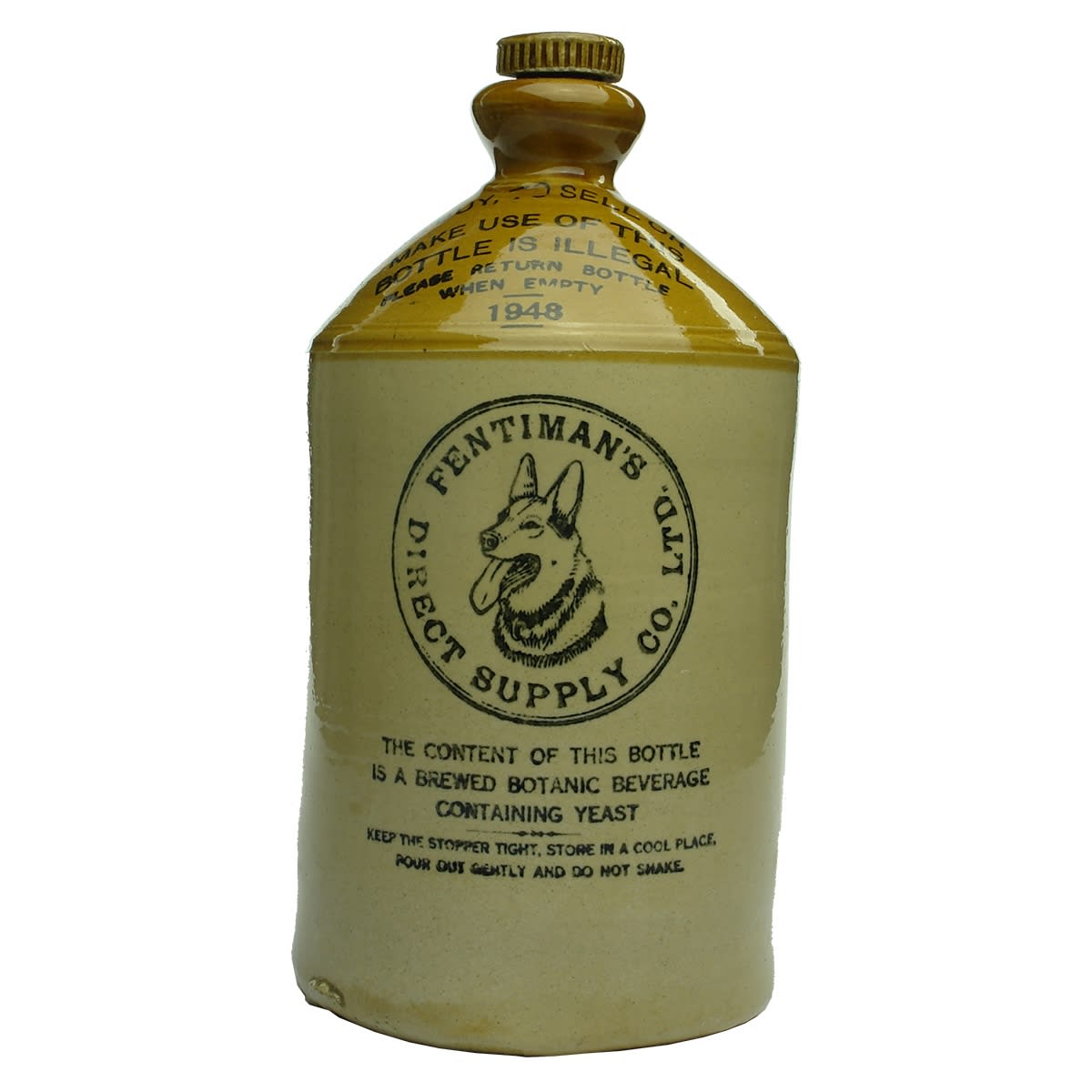 Demijohn. Fentiman's Direct Supply Co. Hop Beer. 1948. Half Gallon. (UK)