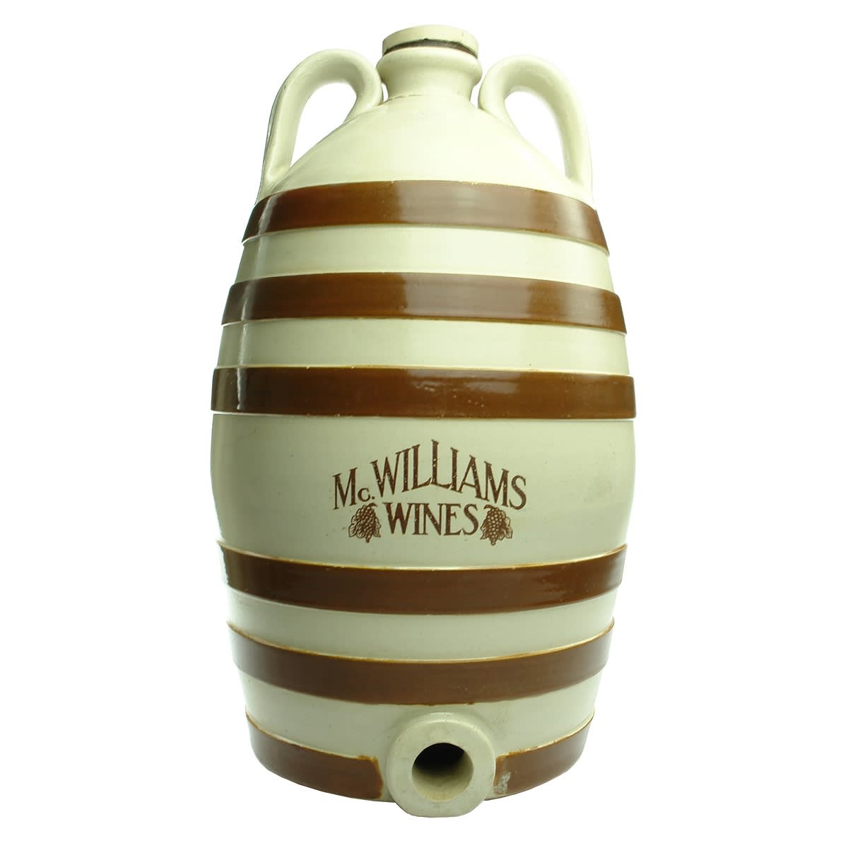 Barrel shaped Demijohn. McWilliams Wines. Brown bands. Fowler pottery.