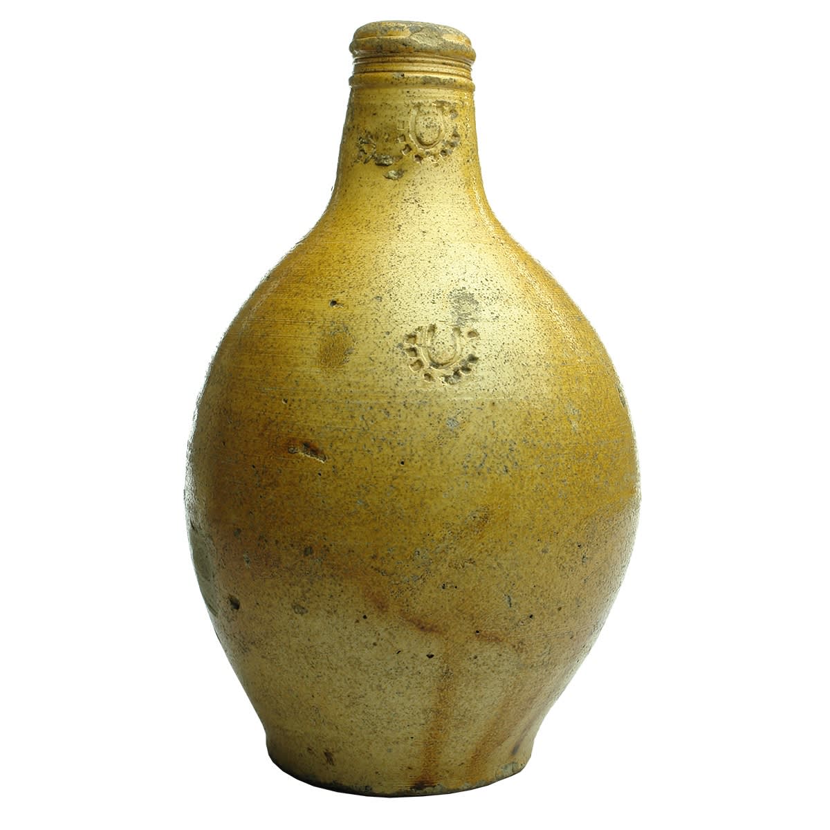 Bellarmine or Bartmann Jug. U with dots around impressed into the neck and upper body.