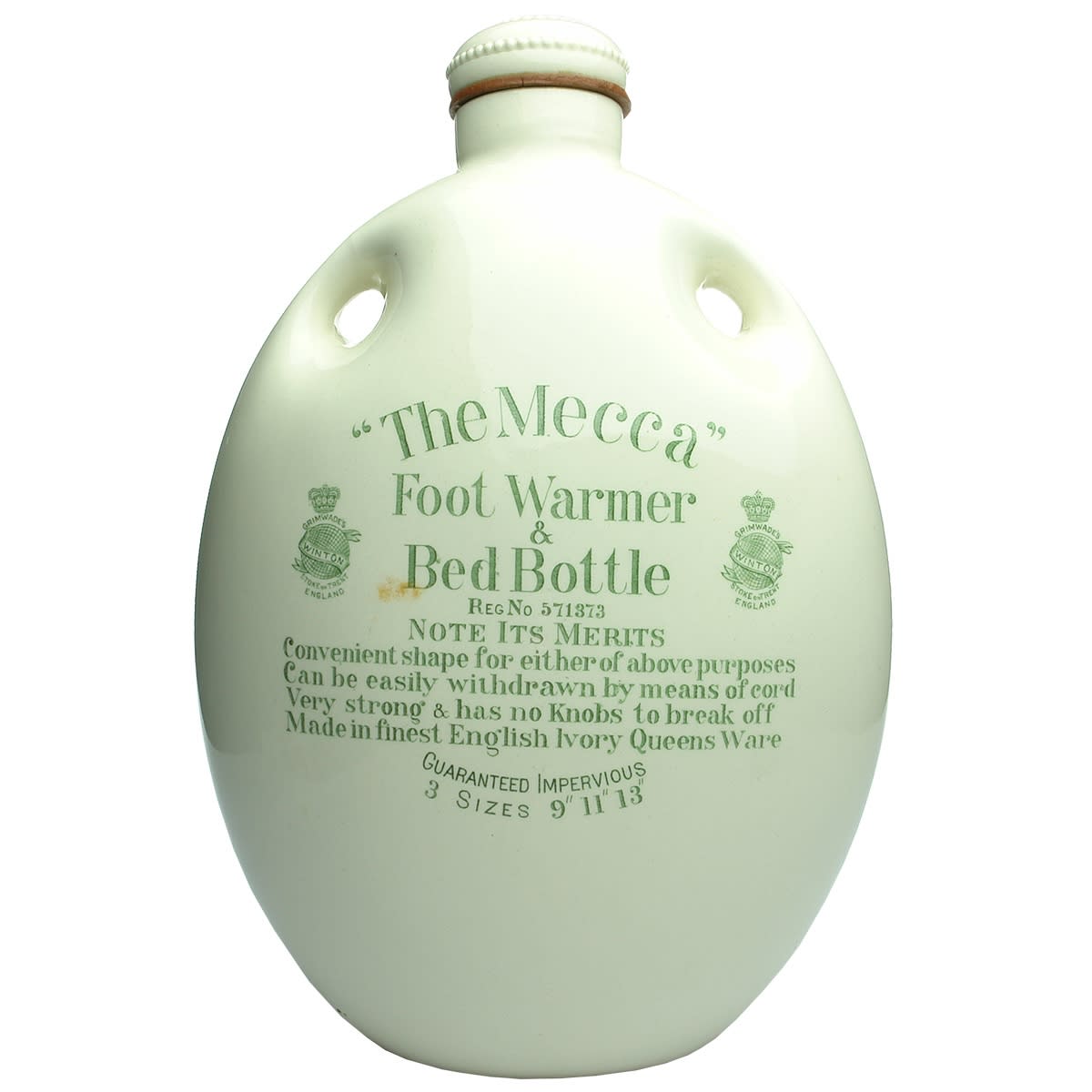 Pottery. The Mecca Foot Warmer. Grimwade's, Winton. Large Size - 8 Pints. (United Kingdom)