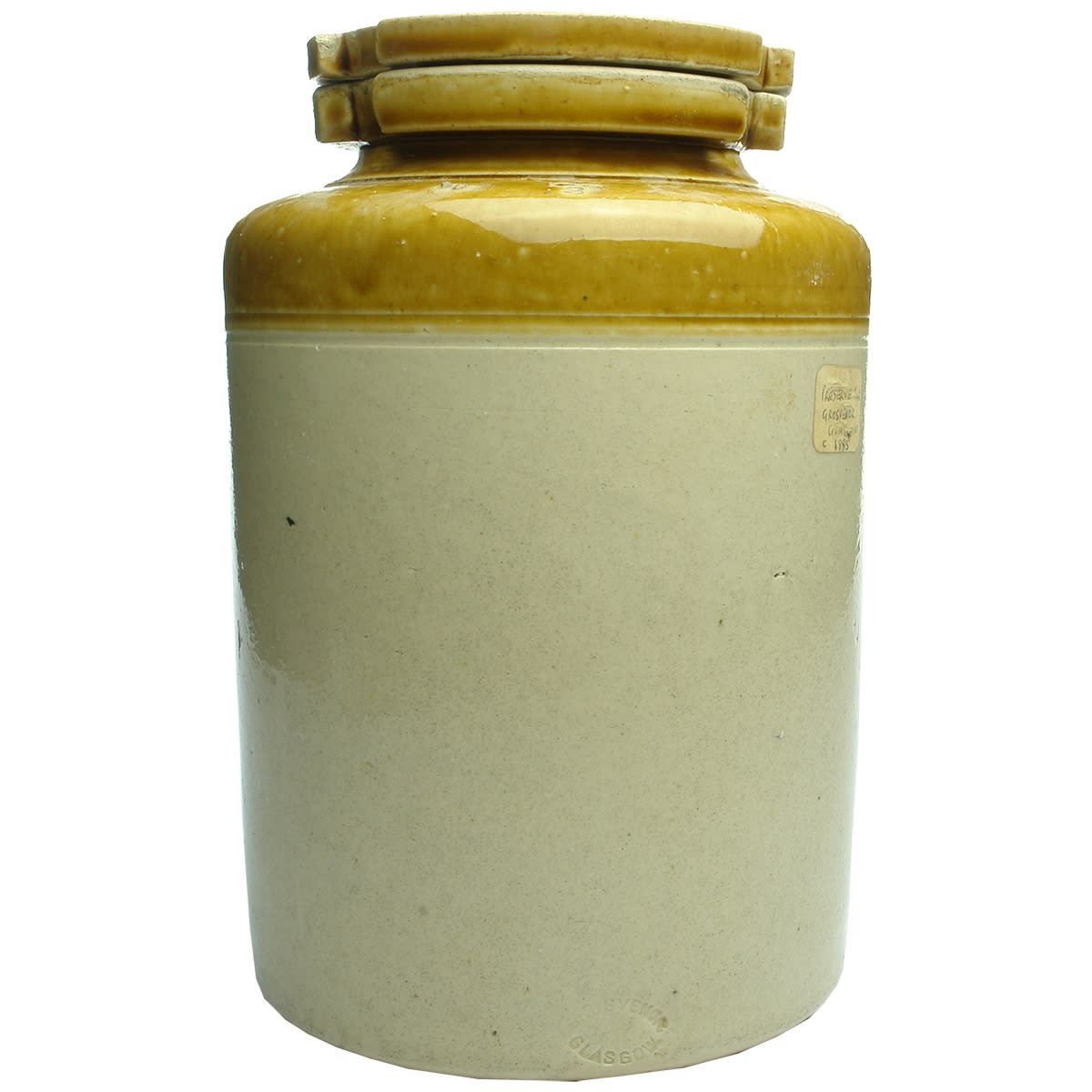 Pottery. 1/2 Gallon Grosvenor, Glasgow Jar with Patent No 1350 Pottery Cap. (United Kingdom)