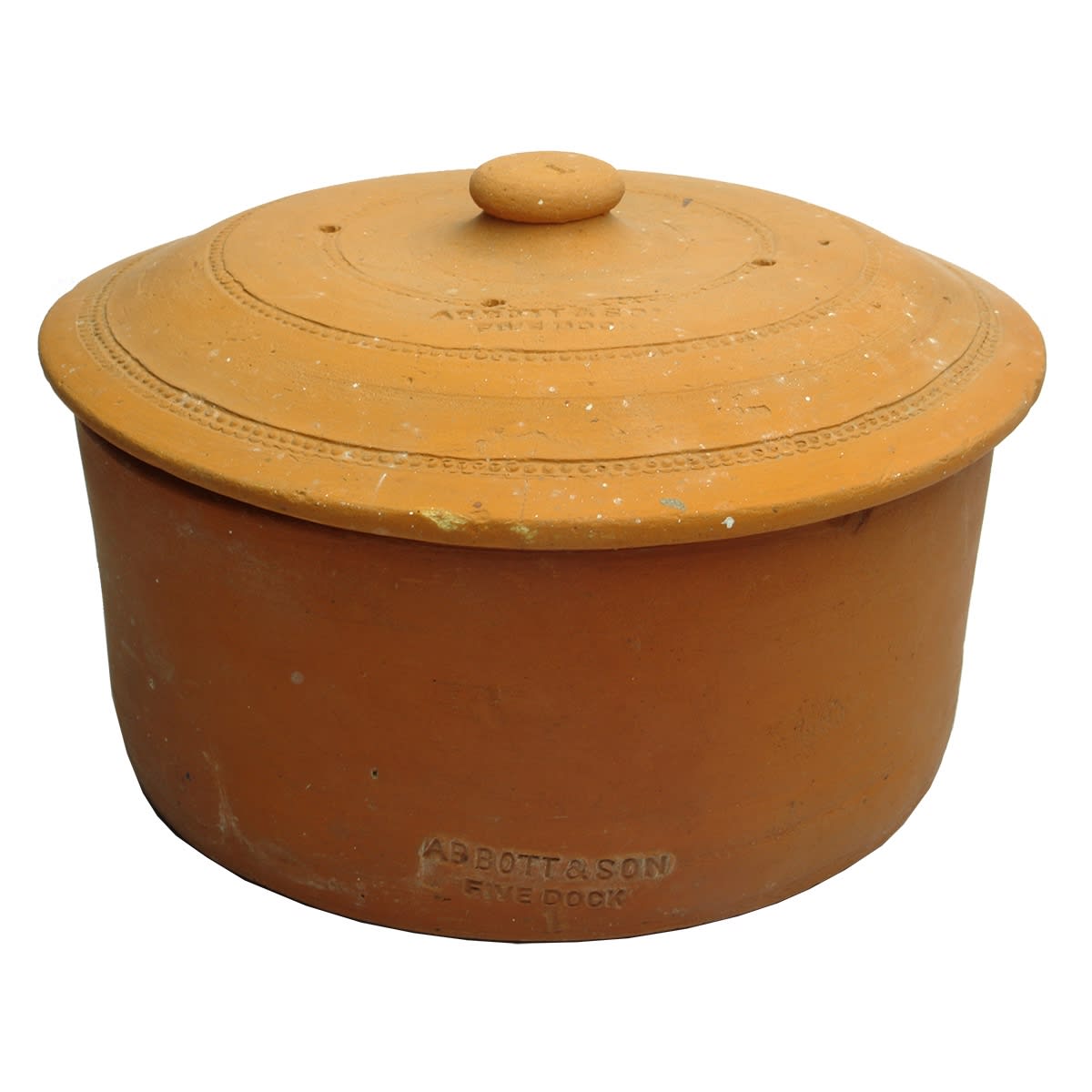 Terracotta Butter Cooler. Abbott & Son, Five Dock. Lid and body stamped. (Sydney, New South Wales)