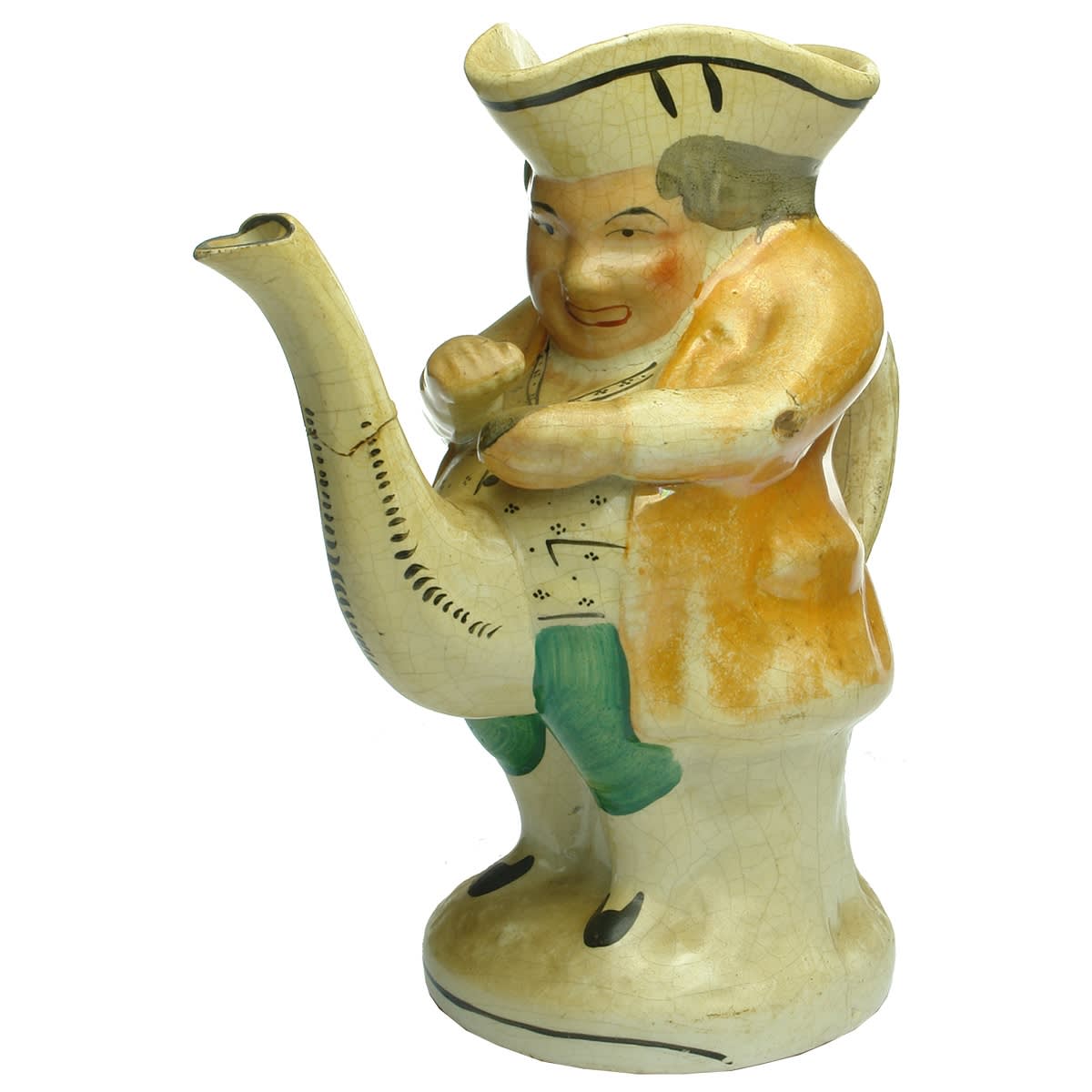 Pottery. Early Toby Jug with large spout sprouting from rotund gentleman's belly!