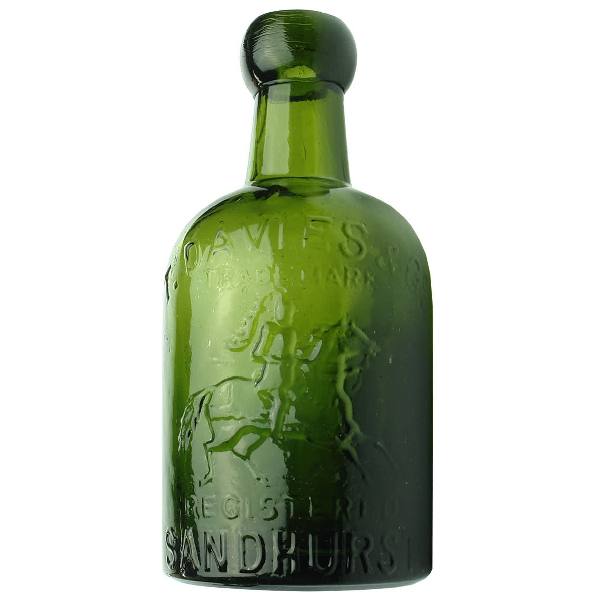 Blob Top Dump Soda. T. Davies & Co., Sandhurst. Knight on Horseback. Dark Green. 10 oz. (Victoria)