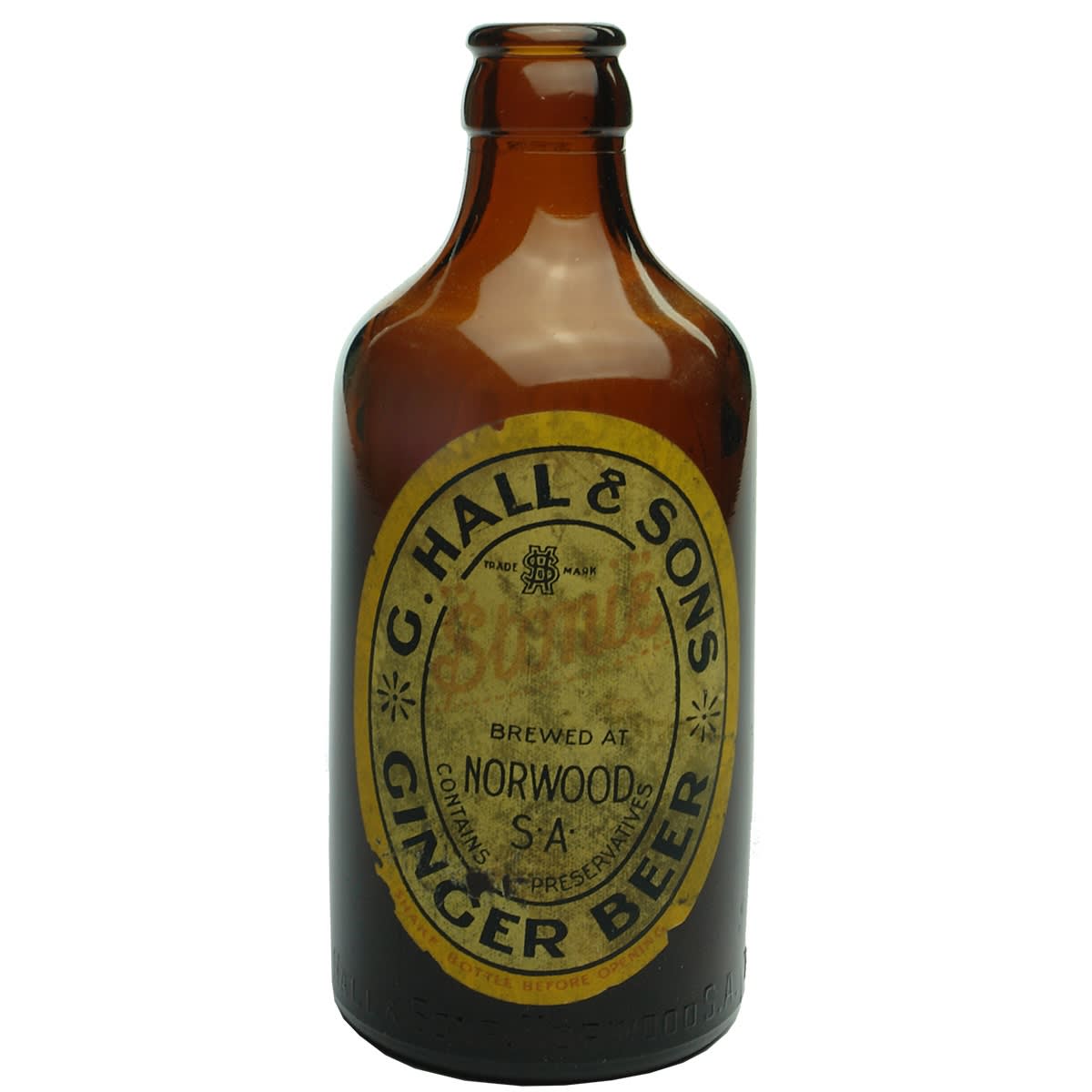 Ginger Beer. Hall & Sons, Norwood. Glass. Amber. Original Label. (South Australia)