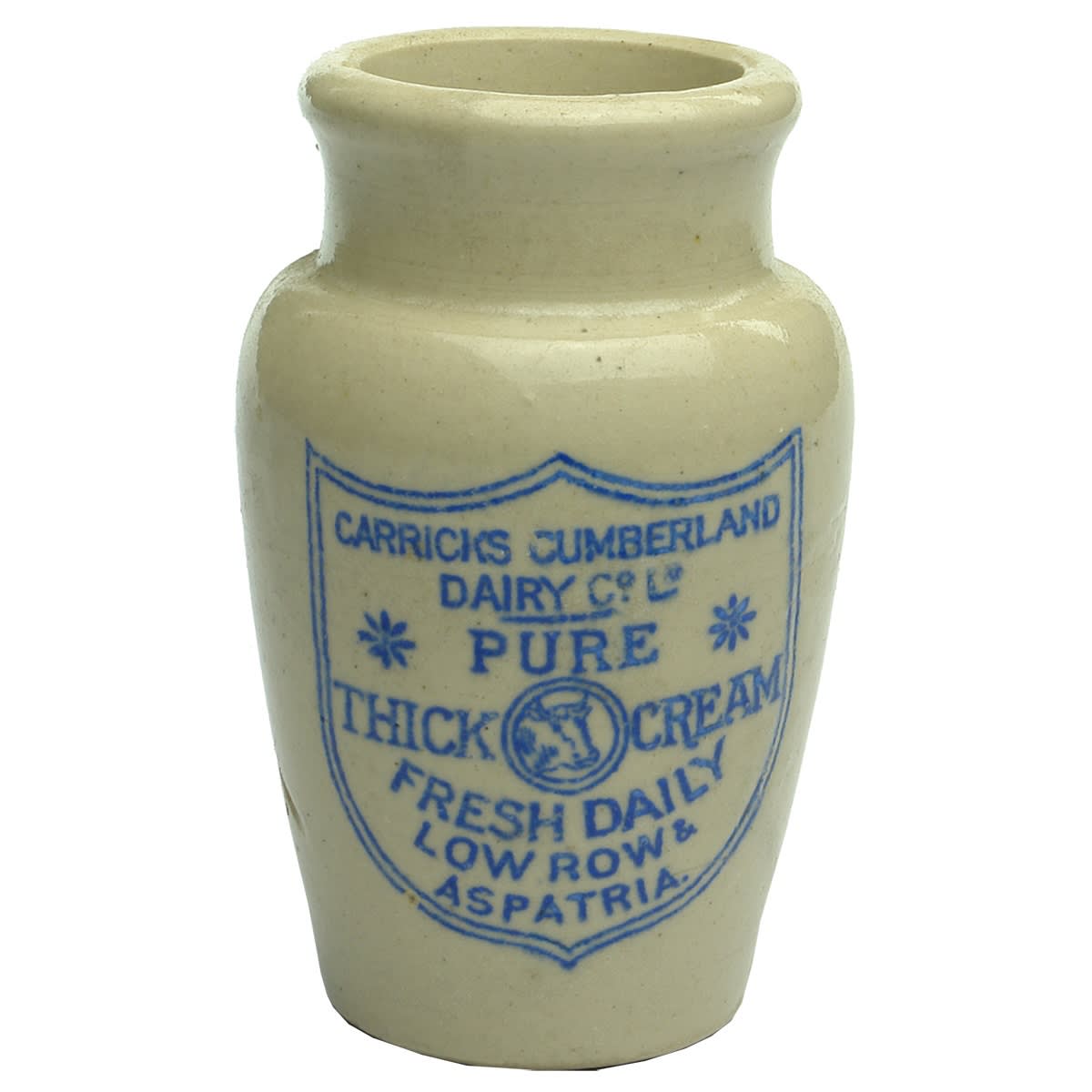 Stoneware Cream Pot. Carricks Cumberland Dairy Co Ld. Blue Print. (United Kingdom)