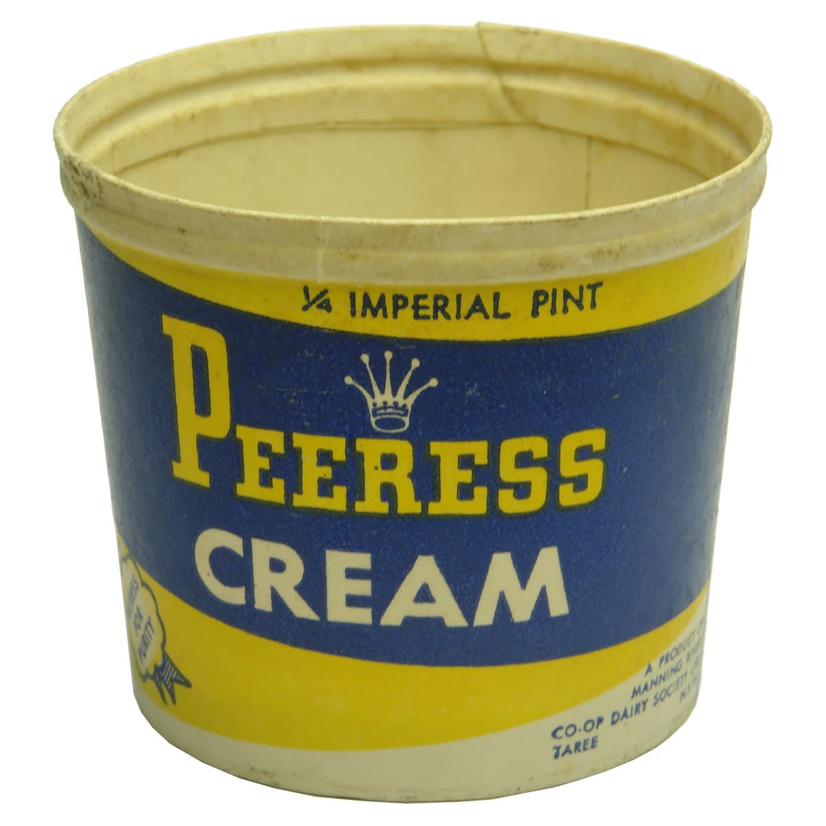 Dairy. Peeress Cream Wax Cup, Manning River Co-Op Dairy Society Ltd., Taree, NSW. 1/4 Pint. (New South Wales)