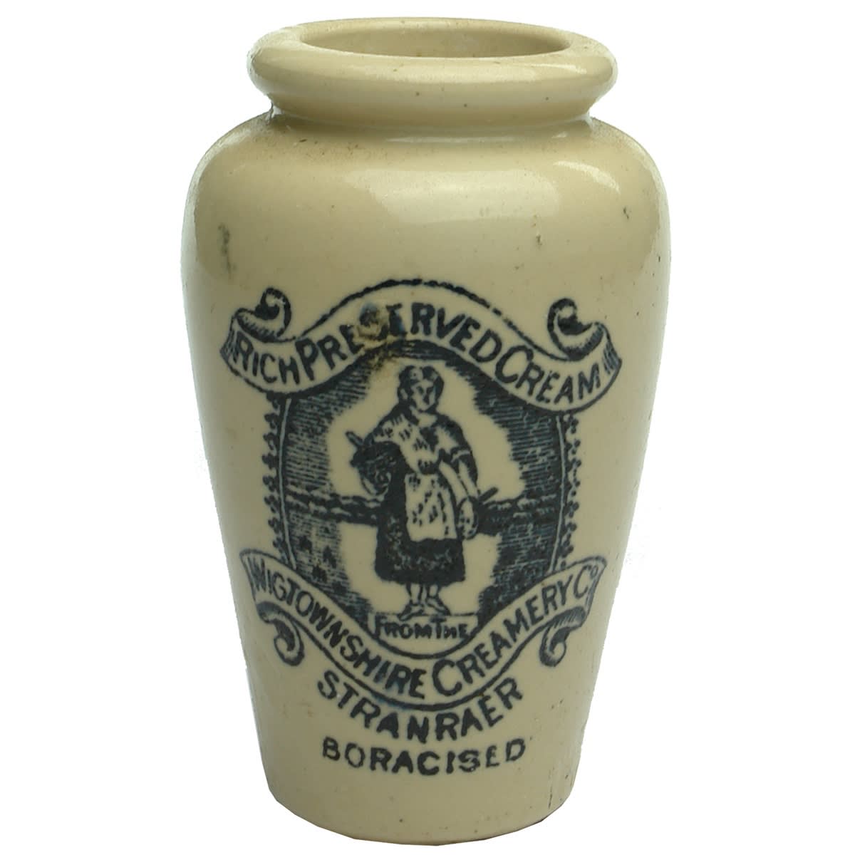 Stoneware Cream Pot. Wigtownshire Creamery Co, Stanraer. Black Print. (United Kingdom)