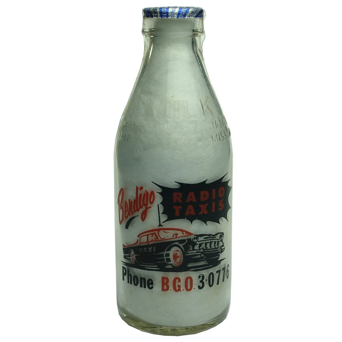 Ceramic Label Advertising Milk. Bendigo Radio Taxis. Sandhurst Dairies. Pint. (Victoria)