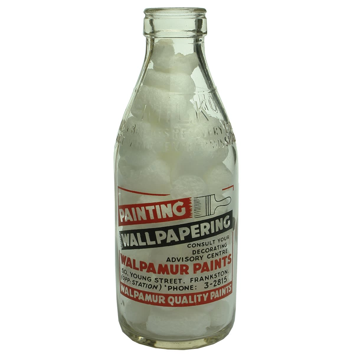 Ceramic Label Advertising Milk. Walpamur Paints, Young St., Frankston. Milk Bottles Recovery. Pint. (Victoria)