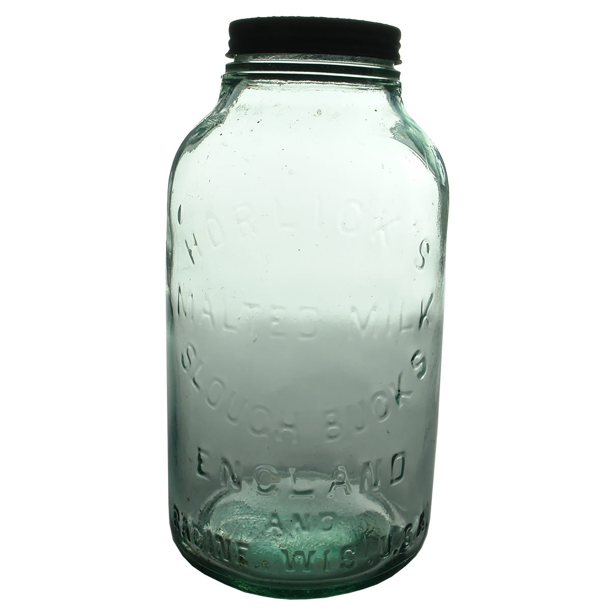 Malted Milk Jar. Horlick's Malted Milk. Slough Bucks England and Racine Wisconsin. Aqua. Half Gallon.