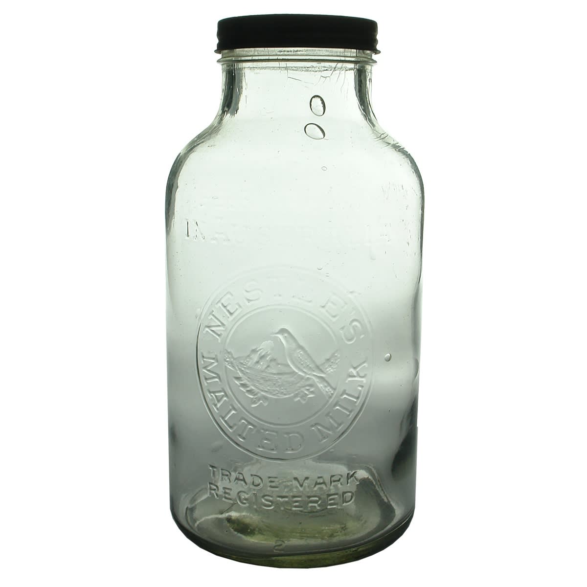 Malted Milk Jar. Nestle's Malted Milk. Prepared in Australia. Birds & Nest. Clear. Half Gallon.