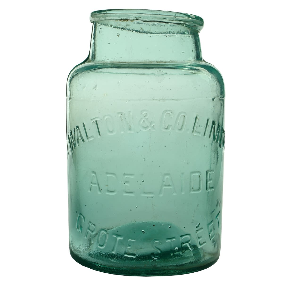 Lolly Jar. A. Walton & Co Limited., Grote Street, Adelaide. Aqua. Half Gallon. (South Australia)