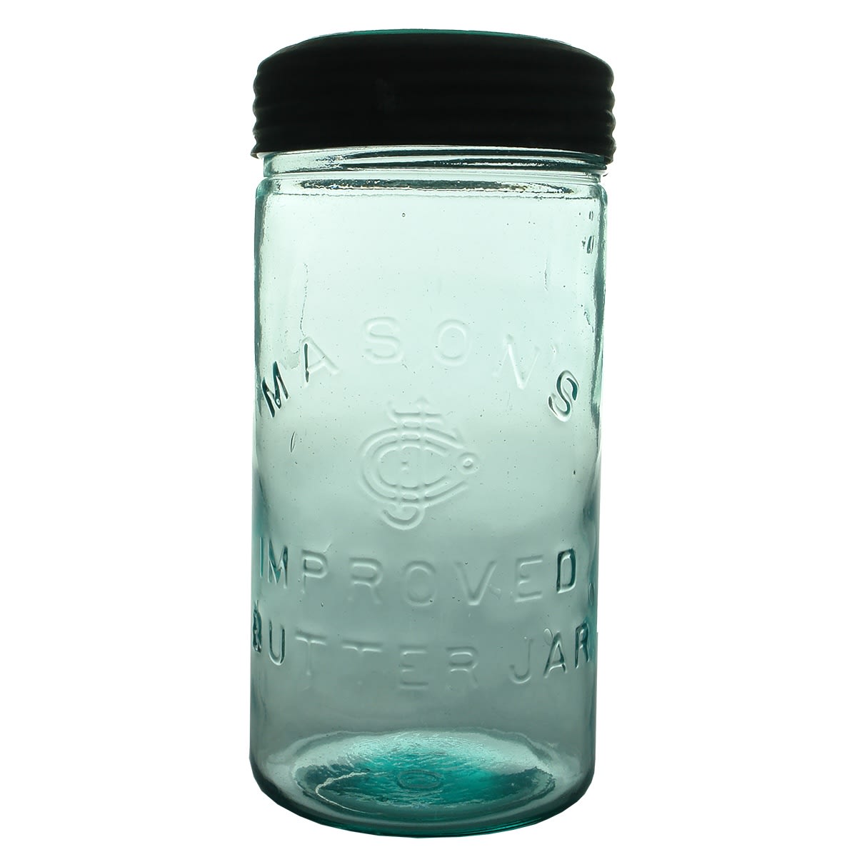 Preserving Jar. Mason's Improved Butter Jar. Original Lid. Aqua. Half Gallon.