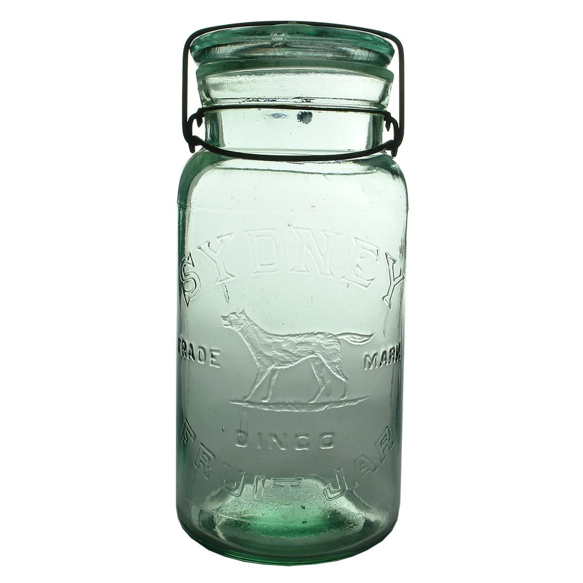 Preserving Jar. Sydney, Dingo Fruit Jar. Tail out version. Aqua. Half Gallon (New South Wales)