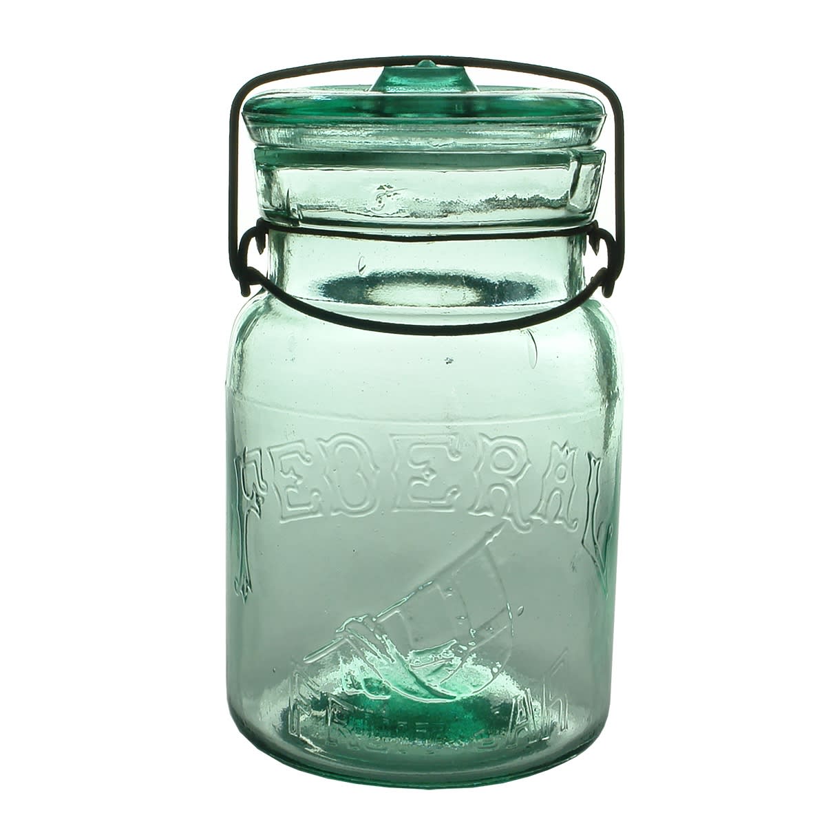 Preserving Jar. Federal Fruit Jar. Flag. Aqua. Quart.