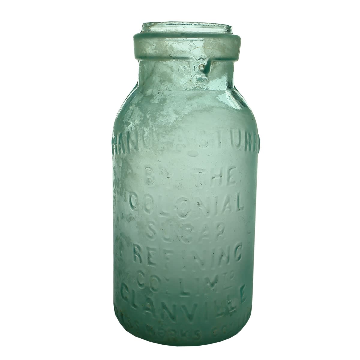 Fruit Jar. Colonial Sugar Refining Co., Glanville. Ground lip. Aqua. Quart. (South Australia)