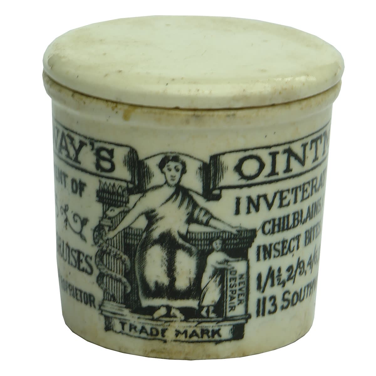 Holloways Ointment Pot. 113 Southwark St London. With original cap.