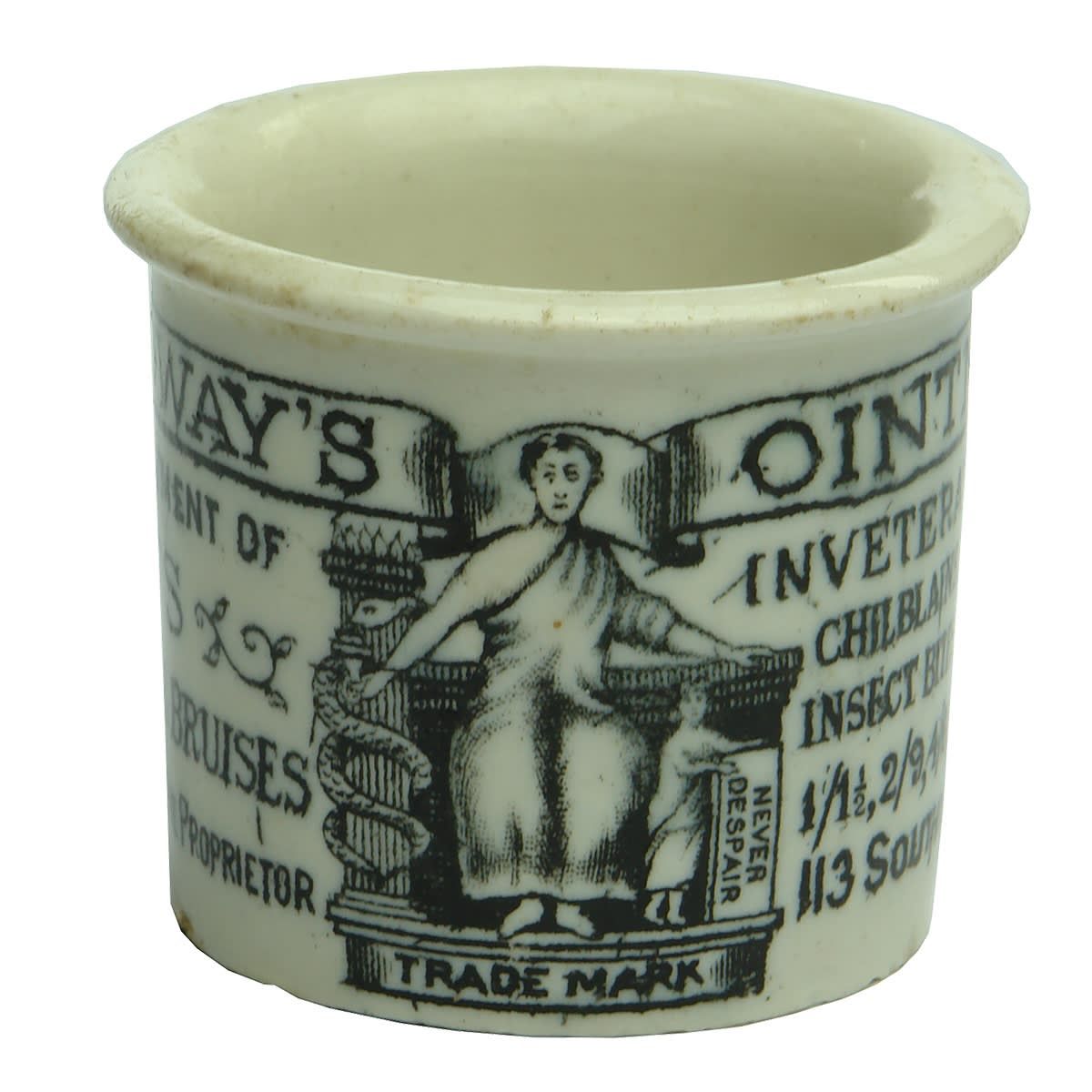 Holloways Ointment Pot. 113 Southwark St London. Rounded lip type. TH in base.