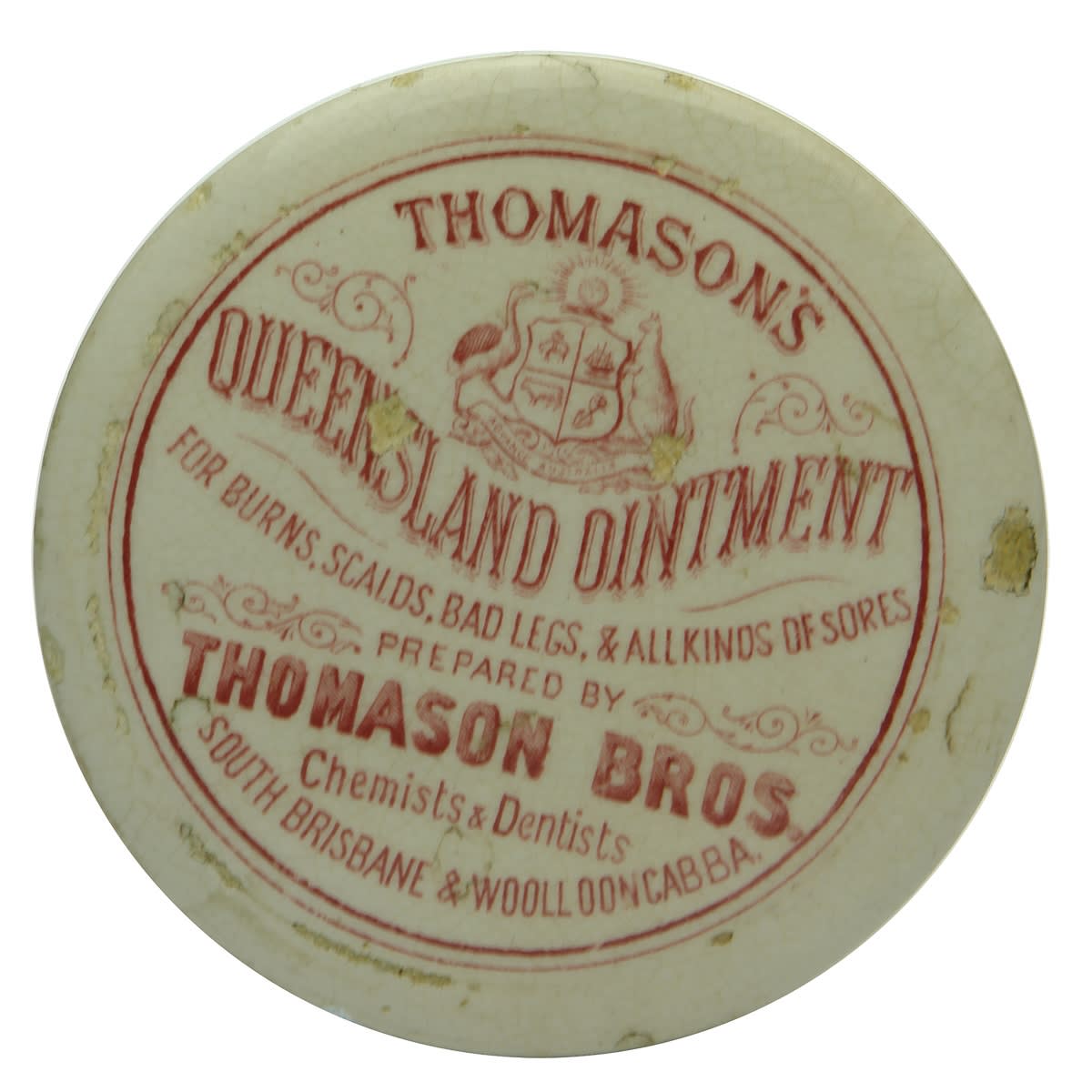 Pot Lid. Thomason's. Thomason Bros., South Brisbane & Woolloongabba. Coat of Arms. Red Print. (Queensland)