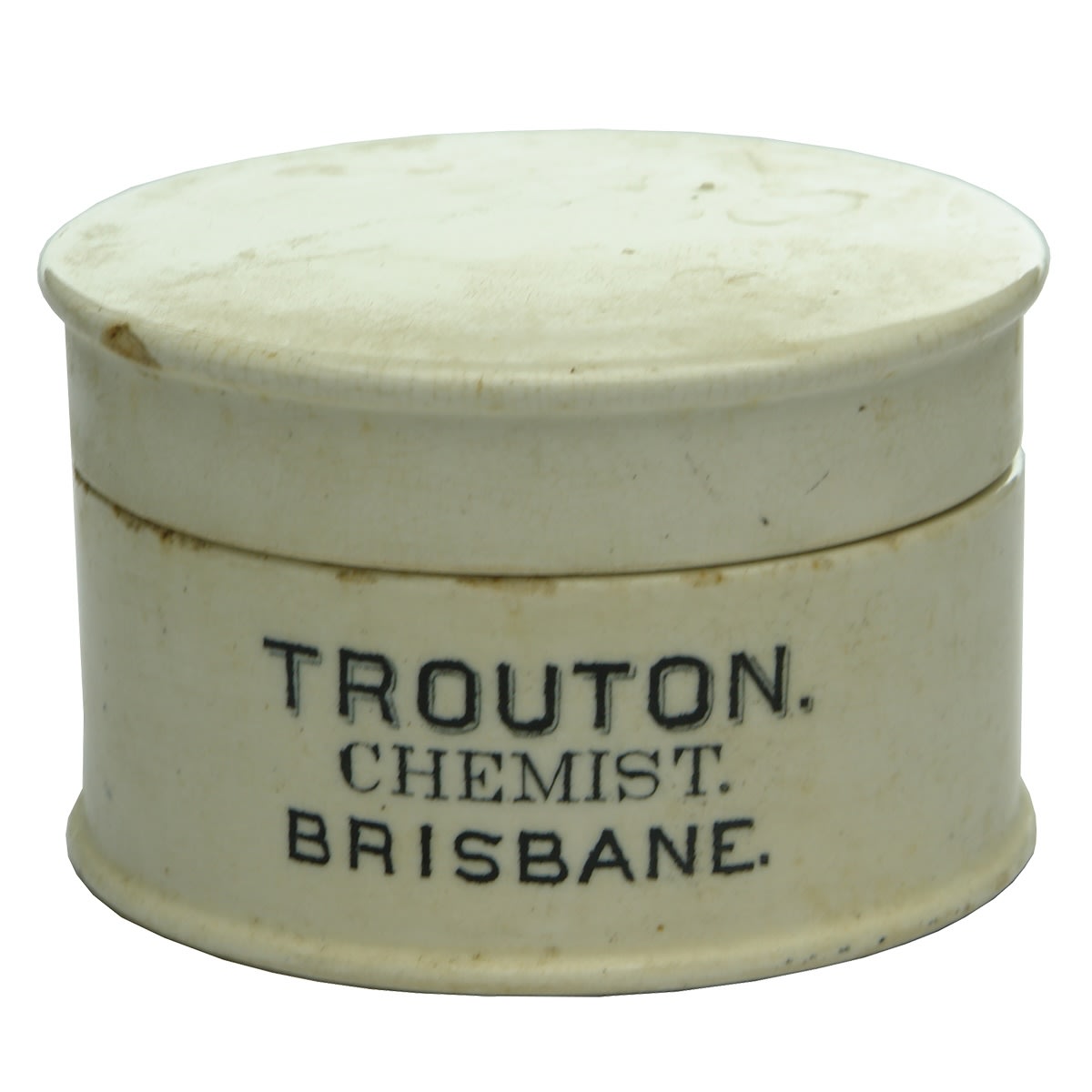 Pot Base: Trouton, Chemist, Brisbane. 73 mm diameter. Matching plain lid. (Queensland)