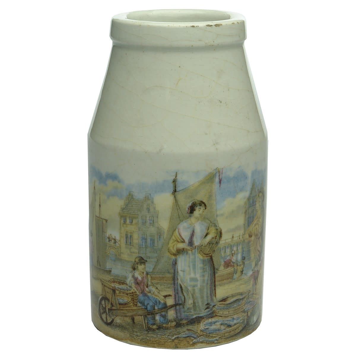 Prattware Jar. Continental Fish Market. Straight sided, sloping neck.