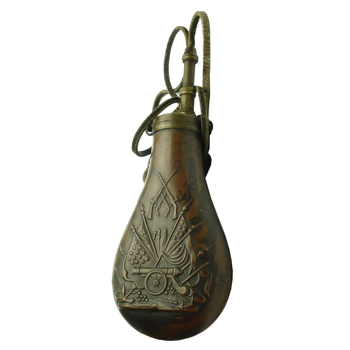 Powder Flask. Copper & Brass. Crossed Rifles, Pistols, Flags and Cannon. Complete with leather strap.