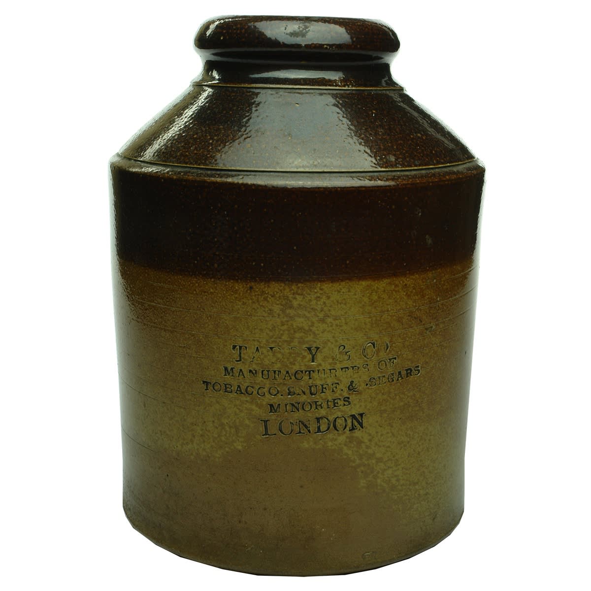 Stoneware Tobacco Jar. Taddy & Co, Tobacco, Snuff & Segars. Minories. London. Impressed.