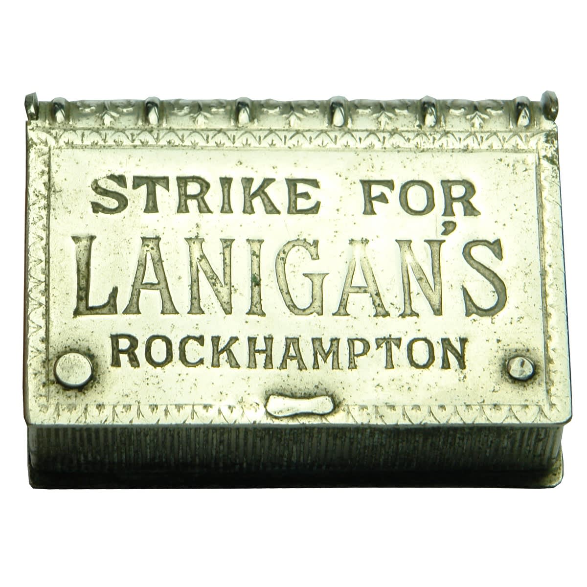 Tobacciana. Strike for Lanigans Rockhampton Book Shaped Vesta Holda and Match Striker.