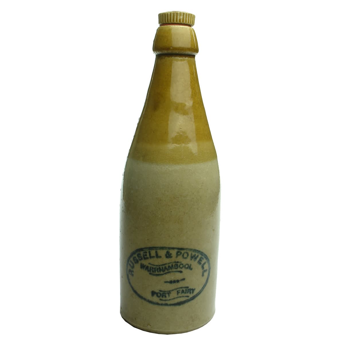 Ginger Beer.  Russell & Powell, Warrnambool and Port Fairy.  Champagne.  Internal thread.  26 oz. With correct stopper. (Victoria)