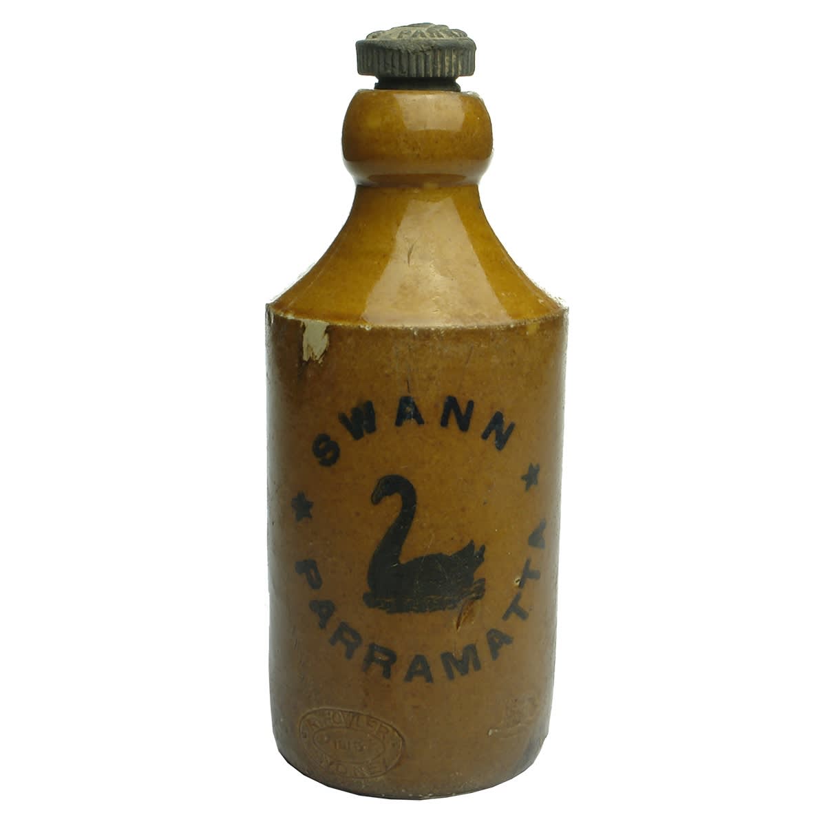 Ginger Beer. Swann, Parramatta. Internal Thread. Original Swann Parramatta stopper. R. Fowler pottery.  (New South Wales)