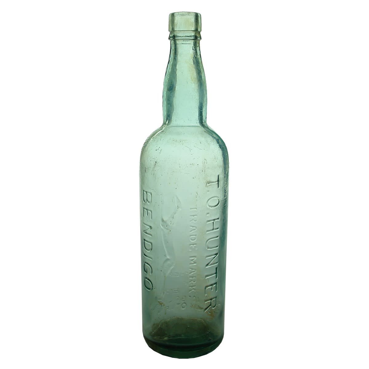 Cordial. T. O. Hunter, Bendigo. Round, aqua. Large AGM base mark. 26 oz. (Victoria)