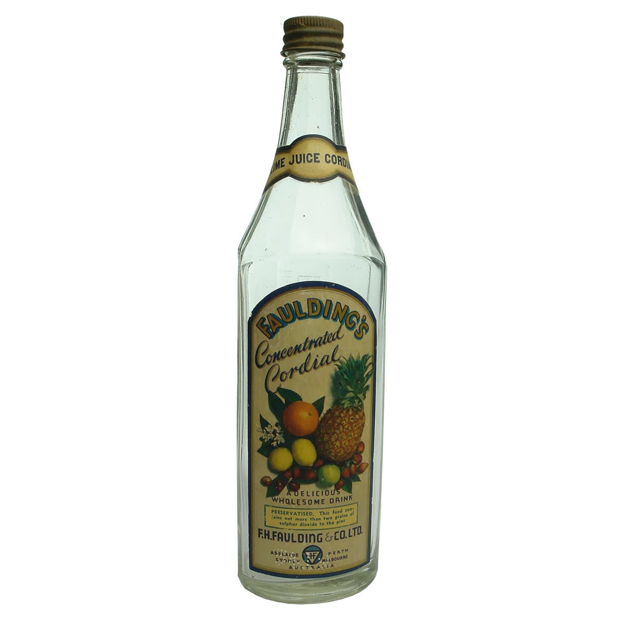 Screw top Cordial. F. H. Faulding & Co Ltd Concentrated Cordial Label. Lime Juice.