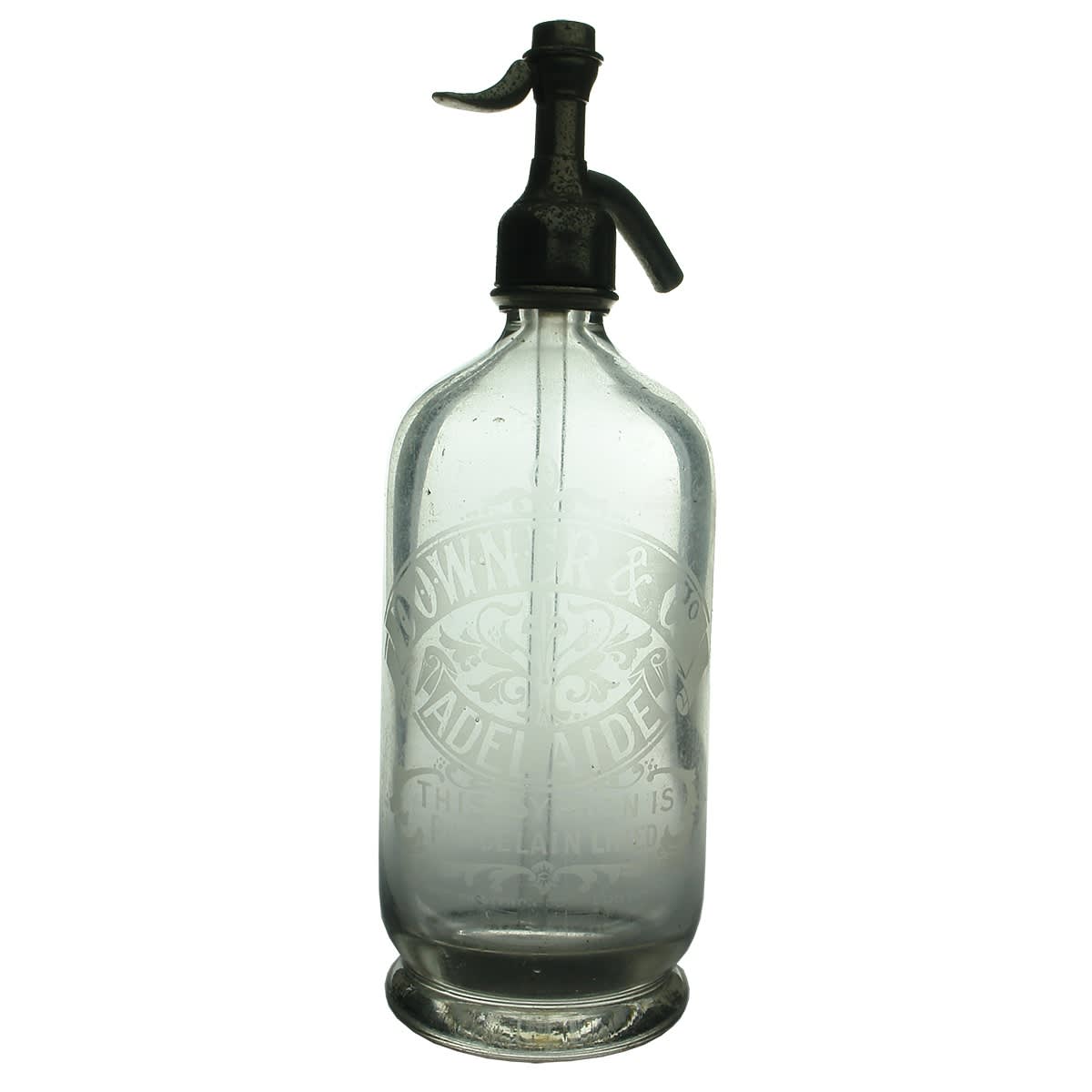 Soda Syphon. Downer & Co., Adelaide. Porcelain Lined. British Syphon Co. Clear. 30 oz. (South Australia)