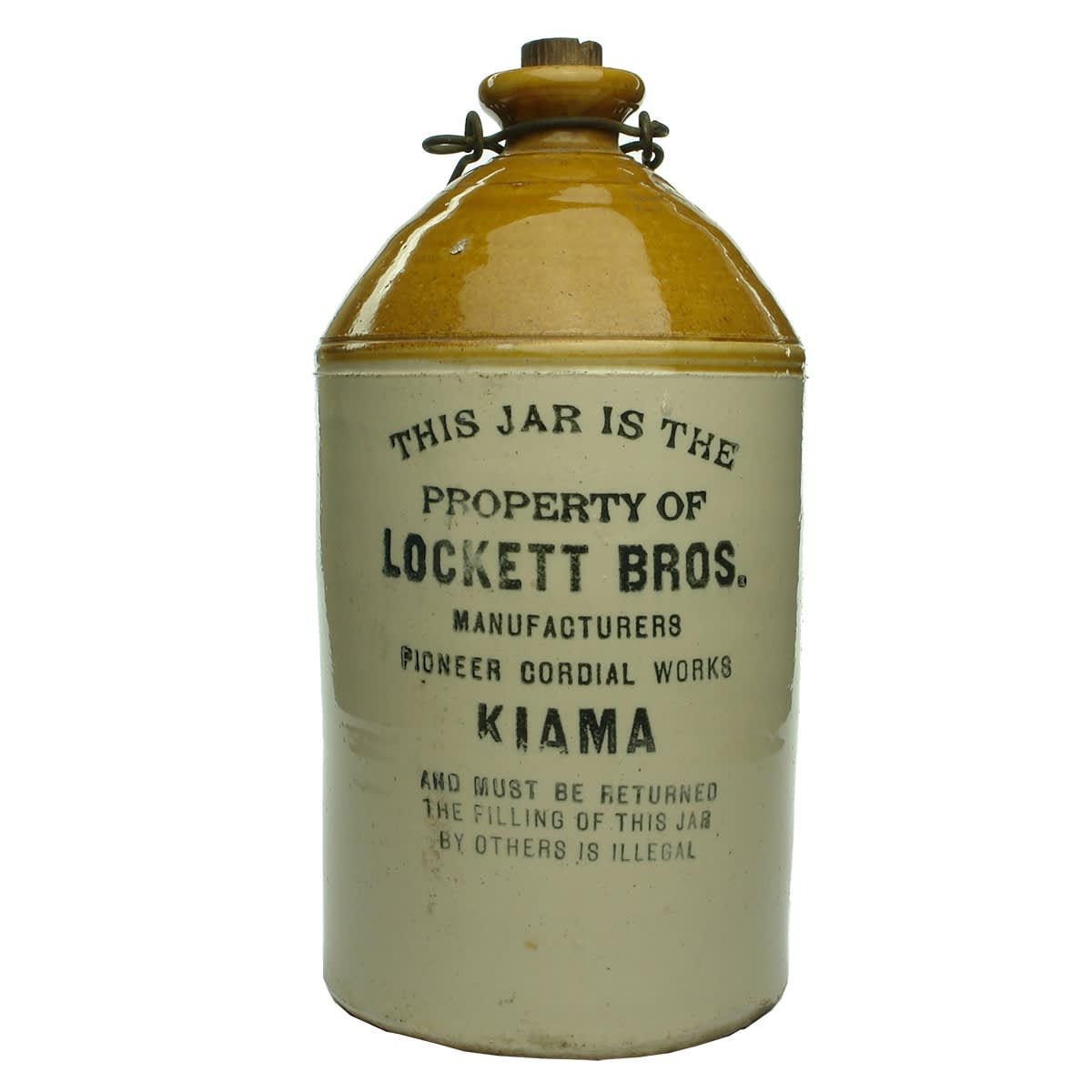 Demijohn. Lockett Bros. Pioneer Cordial Works, Kiama. Tan Top. Internal Thread. 1 Gallon. (New South Wales)