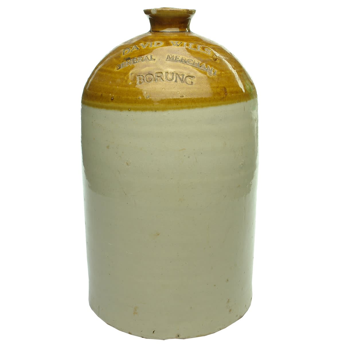 Demijohn. David Wills, General Merchant, Borung. Impressed. Tan Top. 1 Gallon. (Victoria)