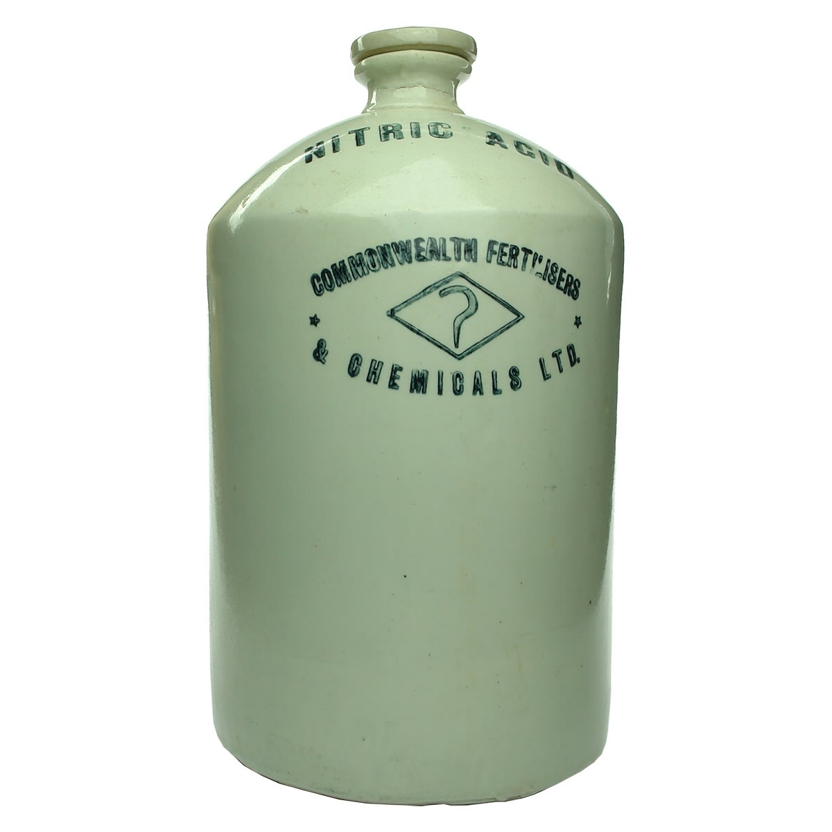 Demijohn. Commonwealth Fertilisers & Chemicals Ltd. Sickle Brand. Nitric Acid. Printed. Bendigo Pottery. (Victoria)