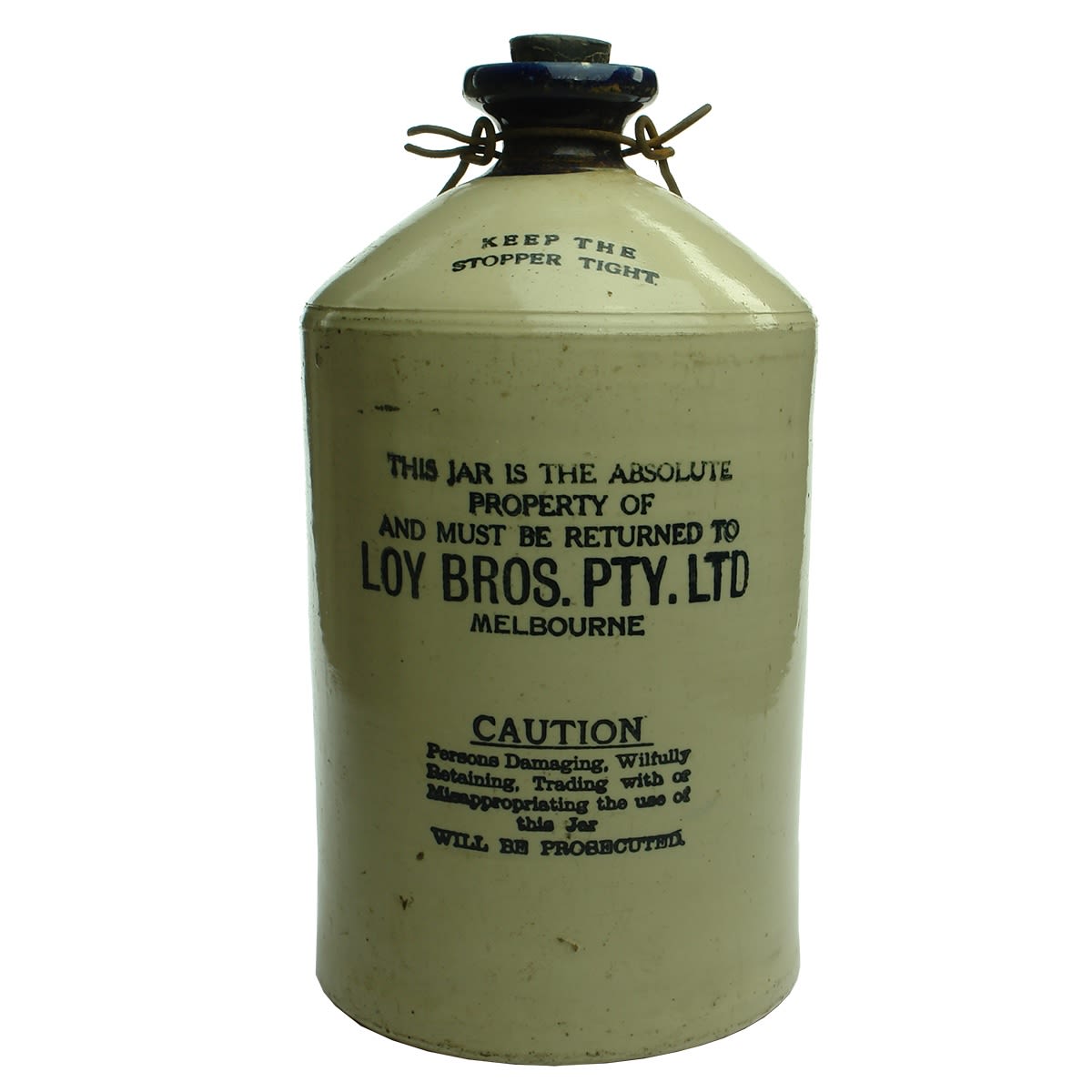 Demijohn. Loy Bros. Pty. Ltd., Melbourne. Blue Lip. Printed. 1 Gallon. (Victoria)