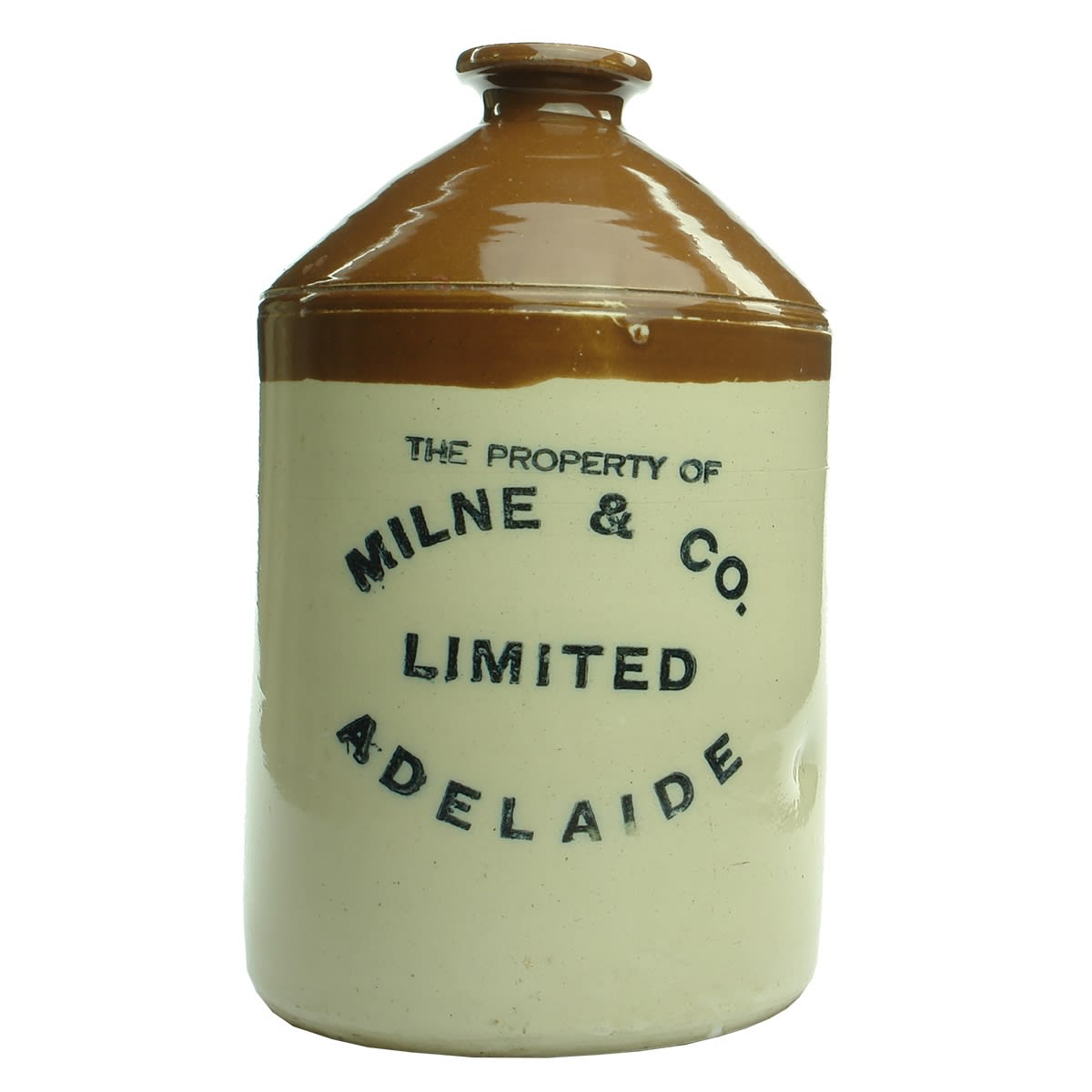 Demijohn. Milne & Co. Limited, Adelaide. Chocolate coloured top. 1 Gallon. (South Australia)