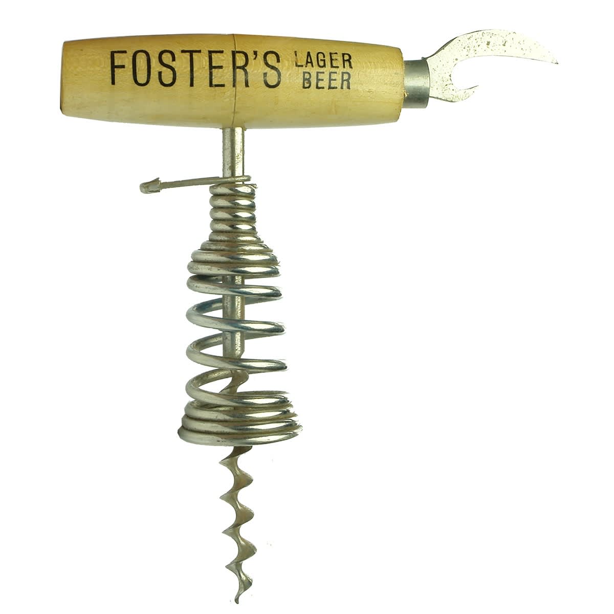 Opener. Foster's Lager Beer Advertising Wooden Handle Corkscrew with Crown Seal Opener.