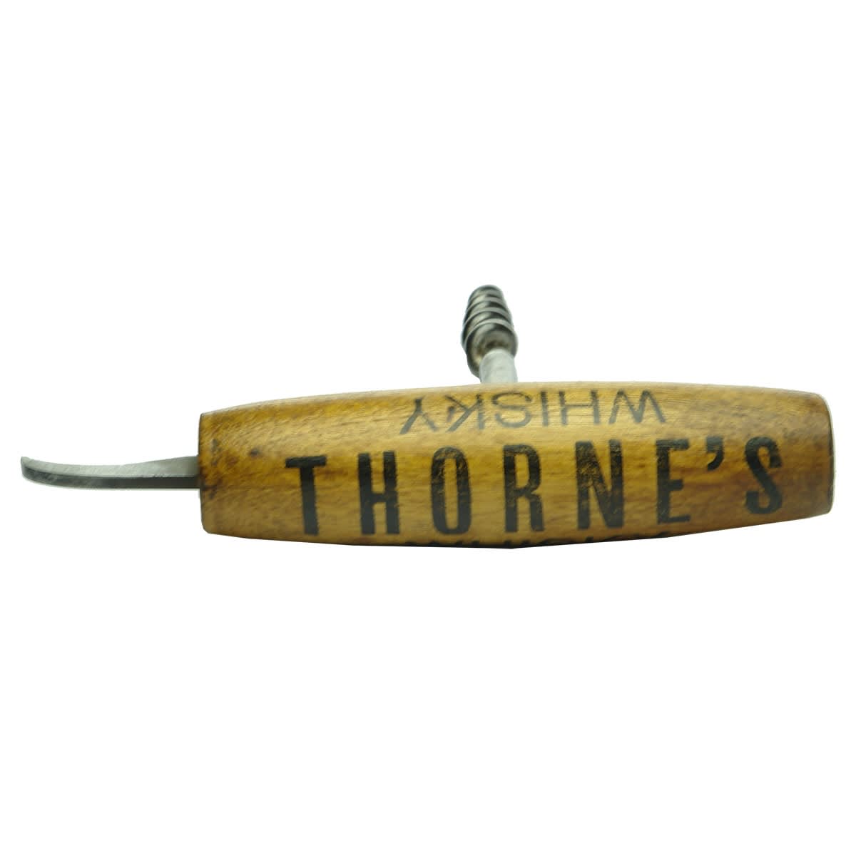 Opener. Thorne's Whisky Advertising Wooden Handle Corkscrew with Can Opener.