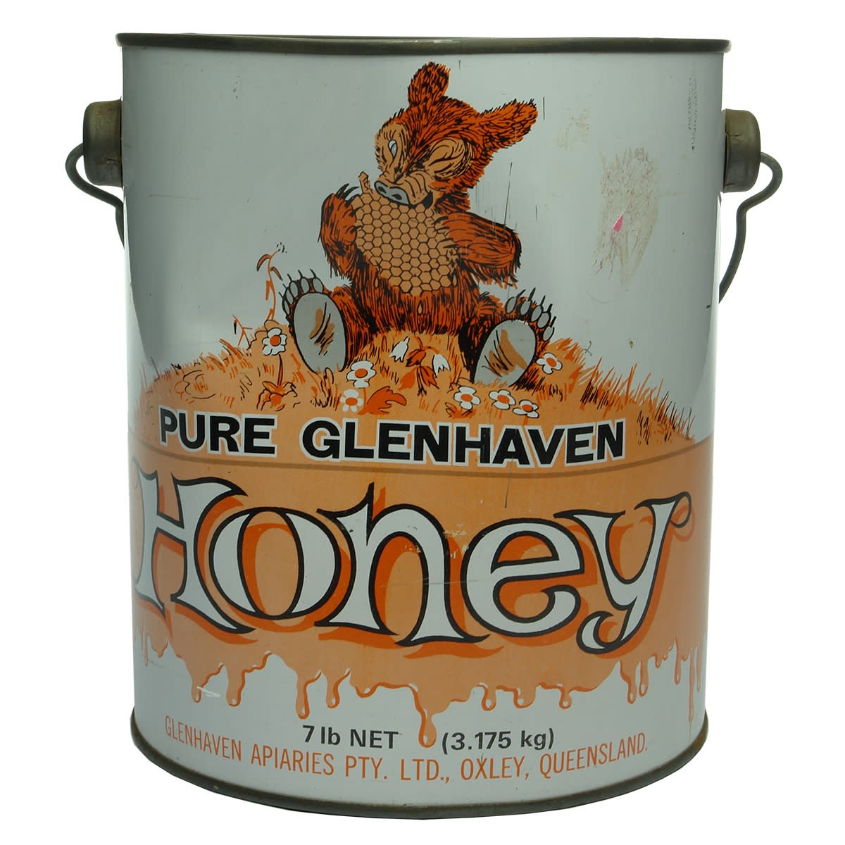 Tin. Pure Glenhaven Honey. Glenhaven Apiaries Pty. Ltd. Oxle. Bear with Honeycomb. 7 lb (3.175 kg). (Queensland)