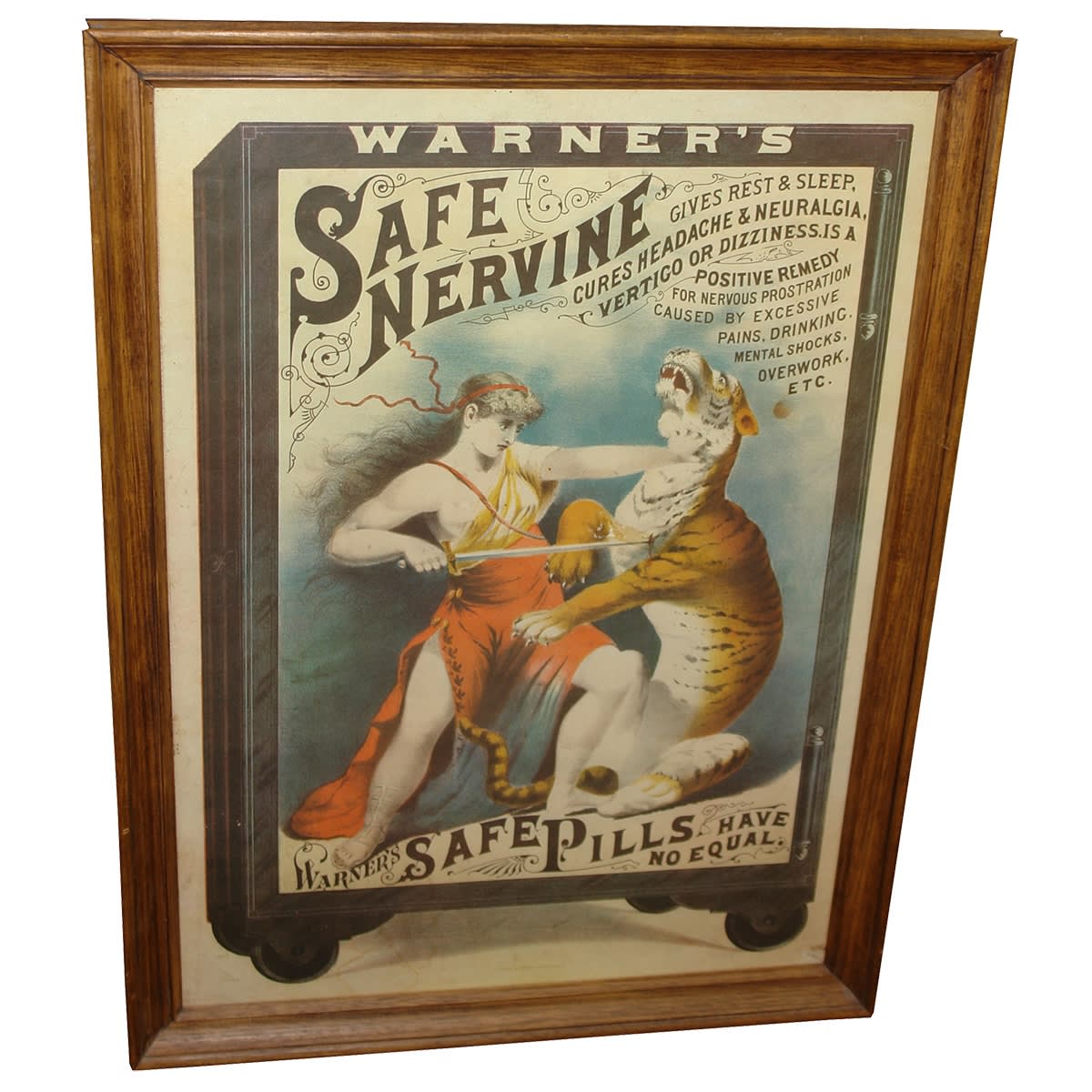 Medicine. Amazing Warner's Safe Nervine and Safe Pills Framed Advertising Poster. Reproduction.