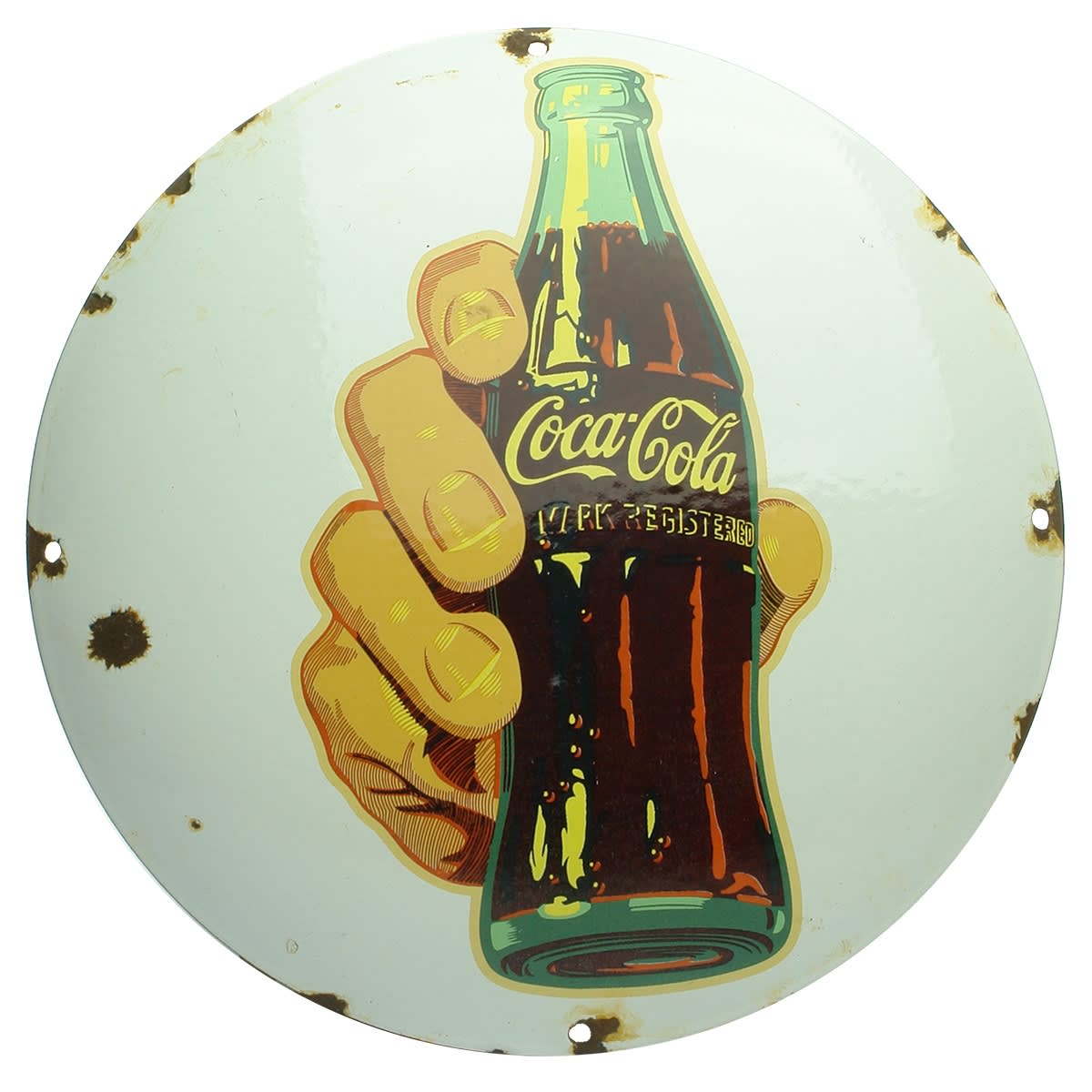 Sign. Convex Coca Cola Enamel Sign with Hand Holding Bottle.