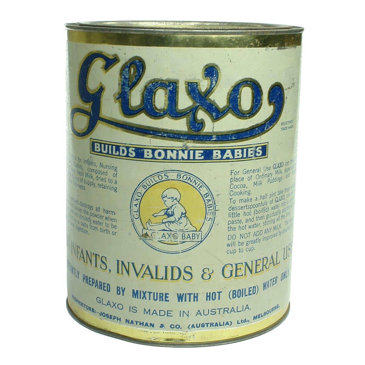 Tin. Glaxo Baby Food. Joseph Nathan & Co (Australia) Ltd Melbourne. Glaxo Feeder. (Victoria)