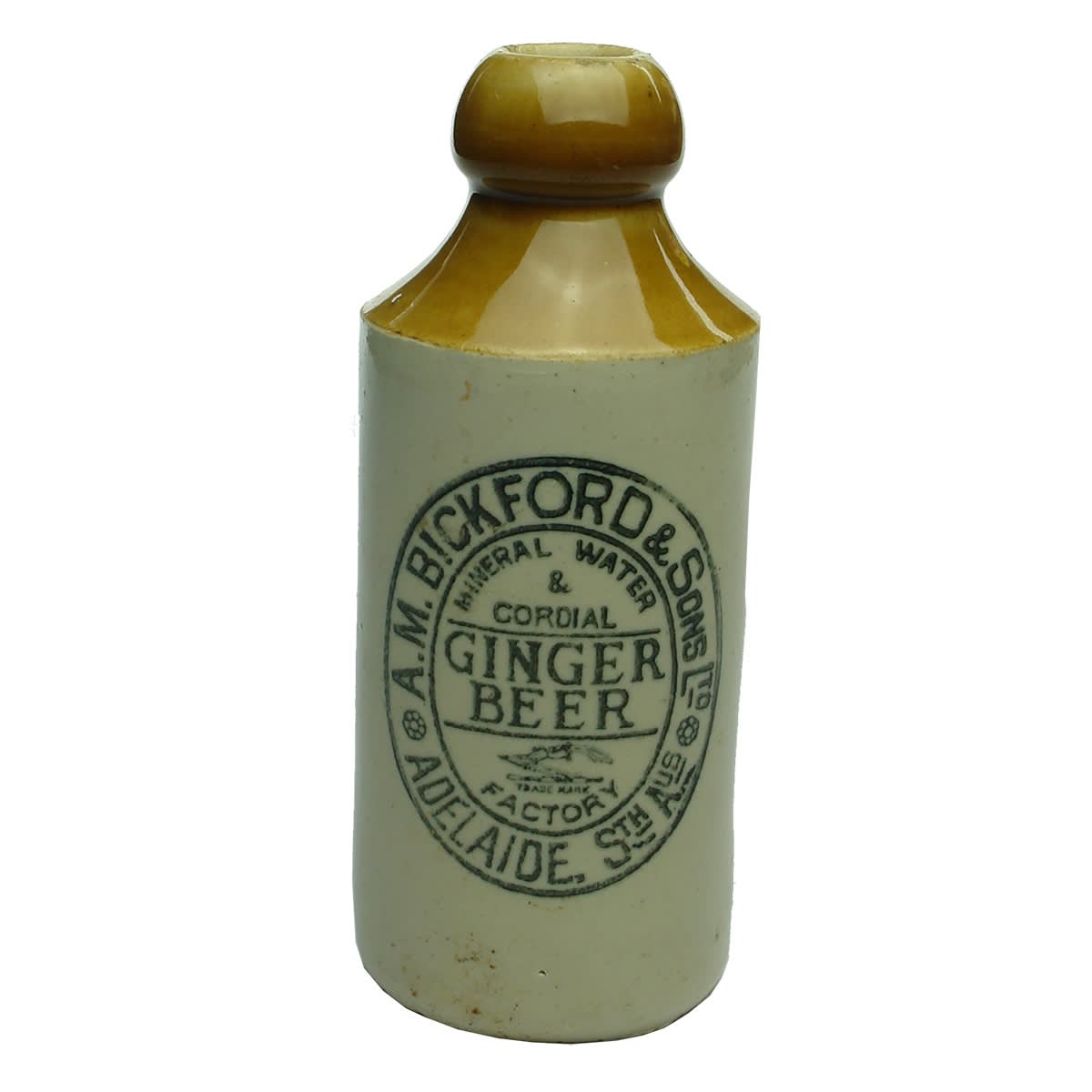 Ginger Beer. A. M. Bickford & Sons Ltd, Adelaide. R. Fowler, Sydney. Cork stopper. Tan top. (South Australia)