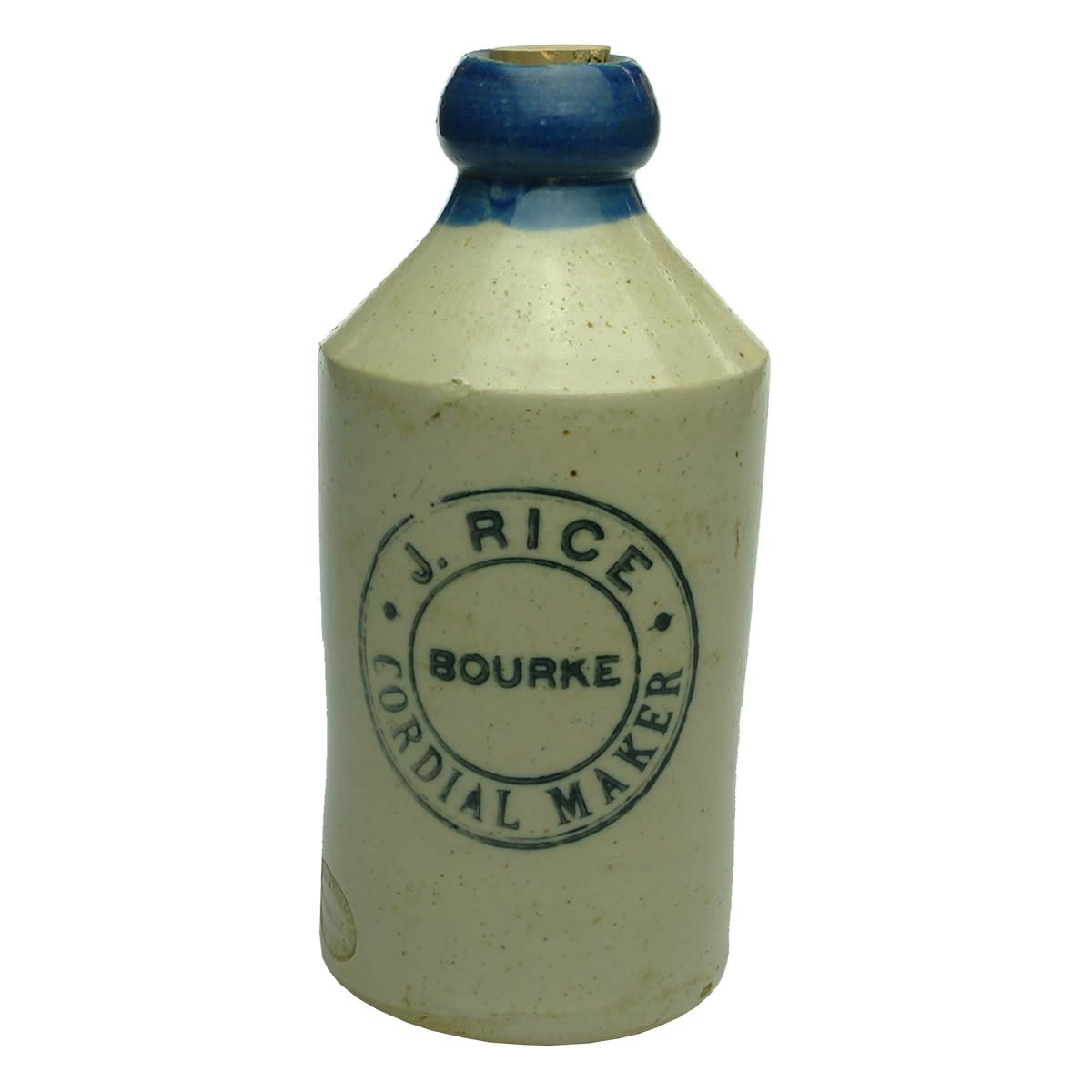 Ginger Beer. J. Rice, Bourke Cordial Maker. Blue Lip. Dump. (New South Wales)